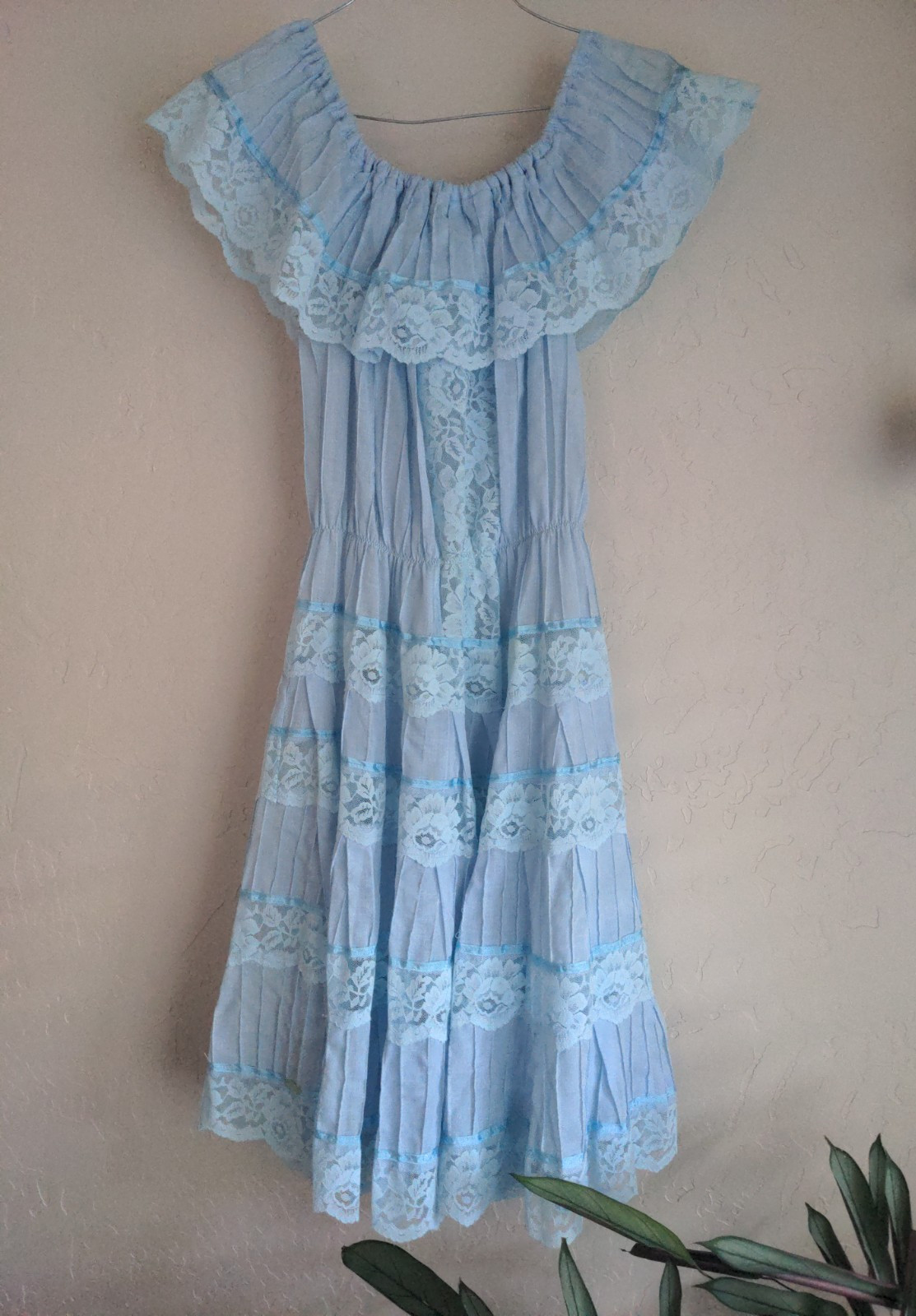 Vintage Baby Blue Mexican Cotton Dress W/Lace & Pintucking Sz. S-L