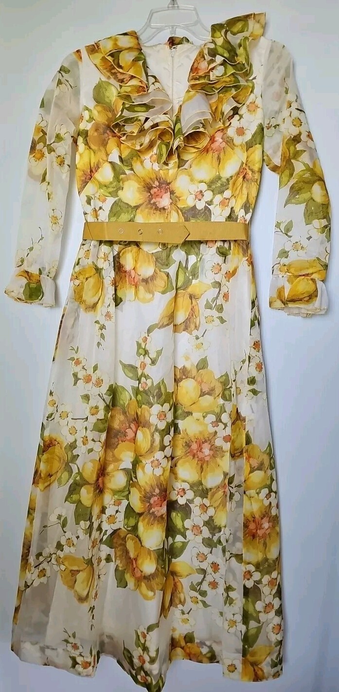 Toni Todd Tulle Poly Chiffon Hostess Yellow Floral Lined Floor Length Vintage