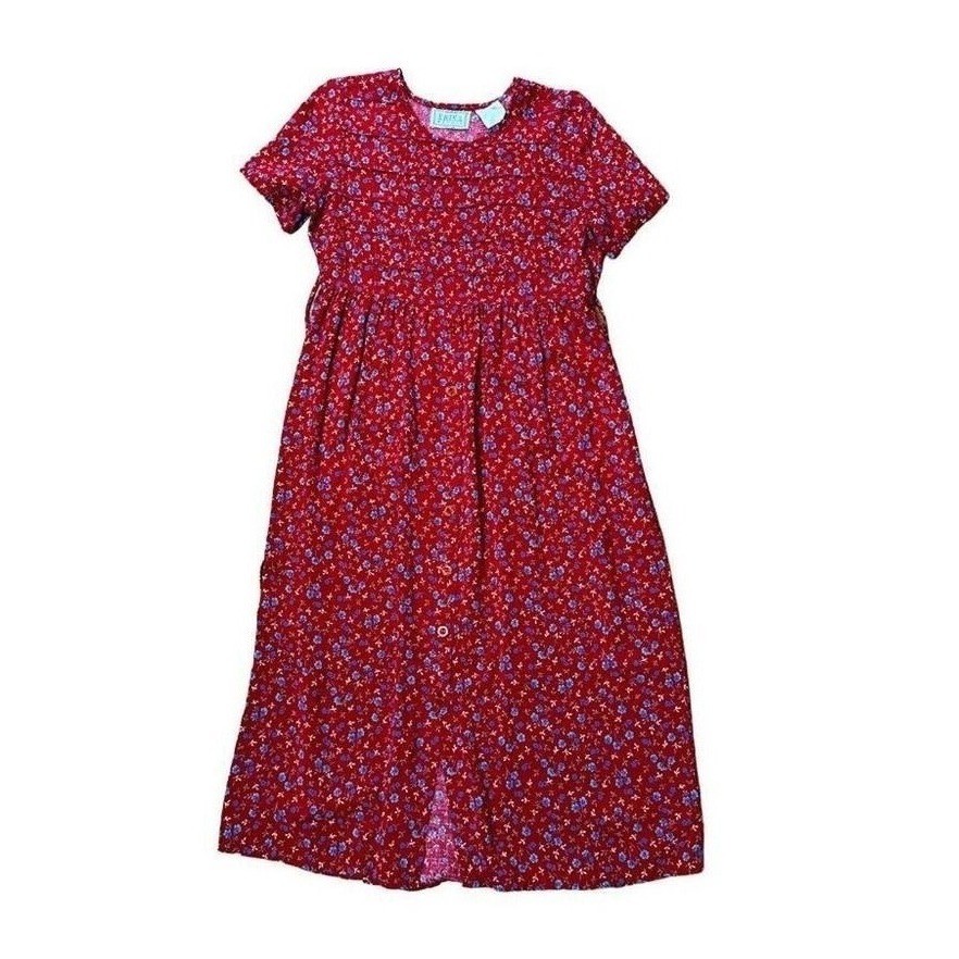 Vintage Erika Red Blue Floral Smocked Yoke Button Front Short Sleeve Midi Dress