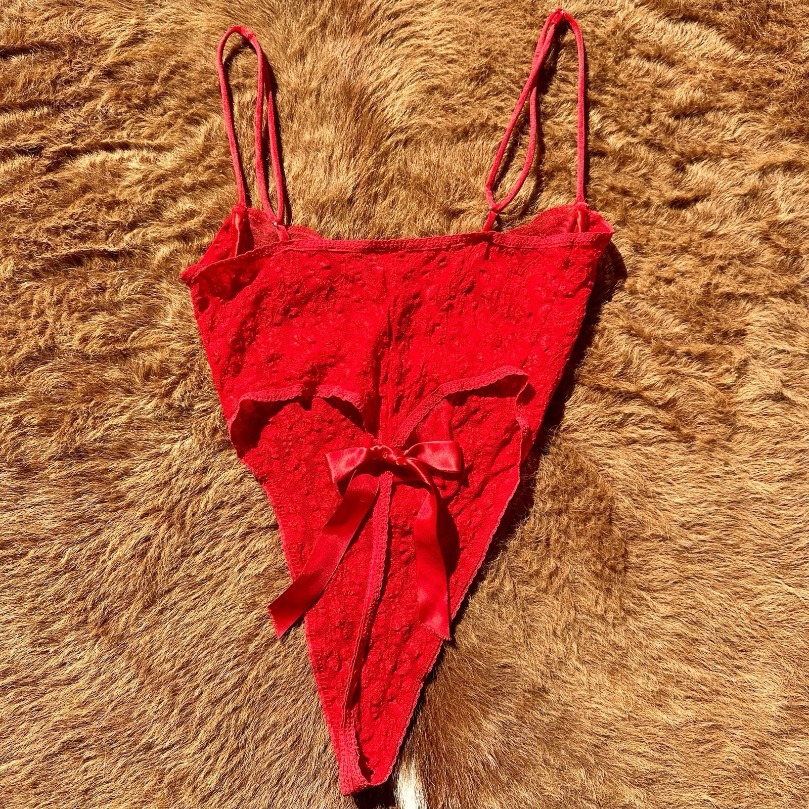 Vintage 90s Chic Red Lace Button Bow Thong Lingerie Bodysuit USA Ribbon Present