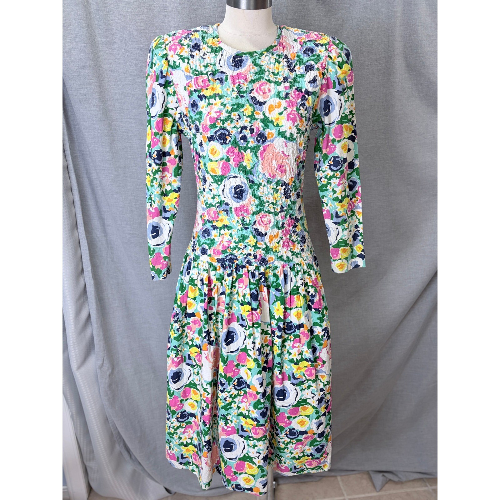 Antara Vintage 90s Floral Smocked Bodice Midi Dress Multi Color Cotton 5
