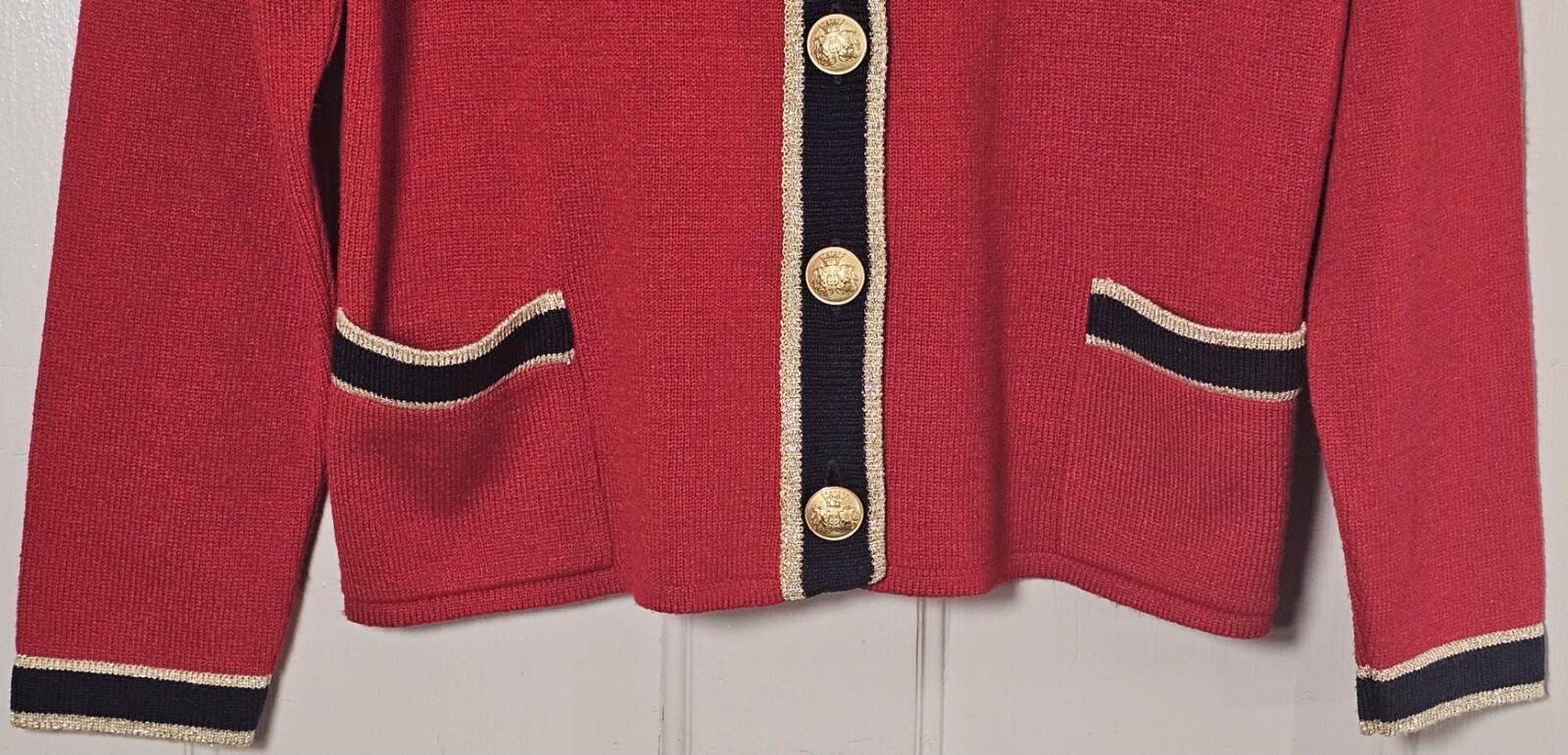 VTG Sweater Blazer Ami Knits Size 6 Red Gold Button X-mas Glam Mob Wife Holiday