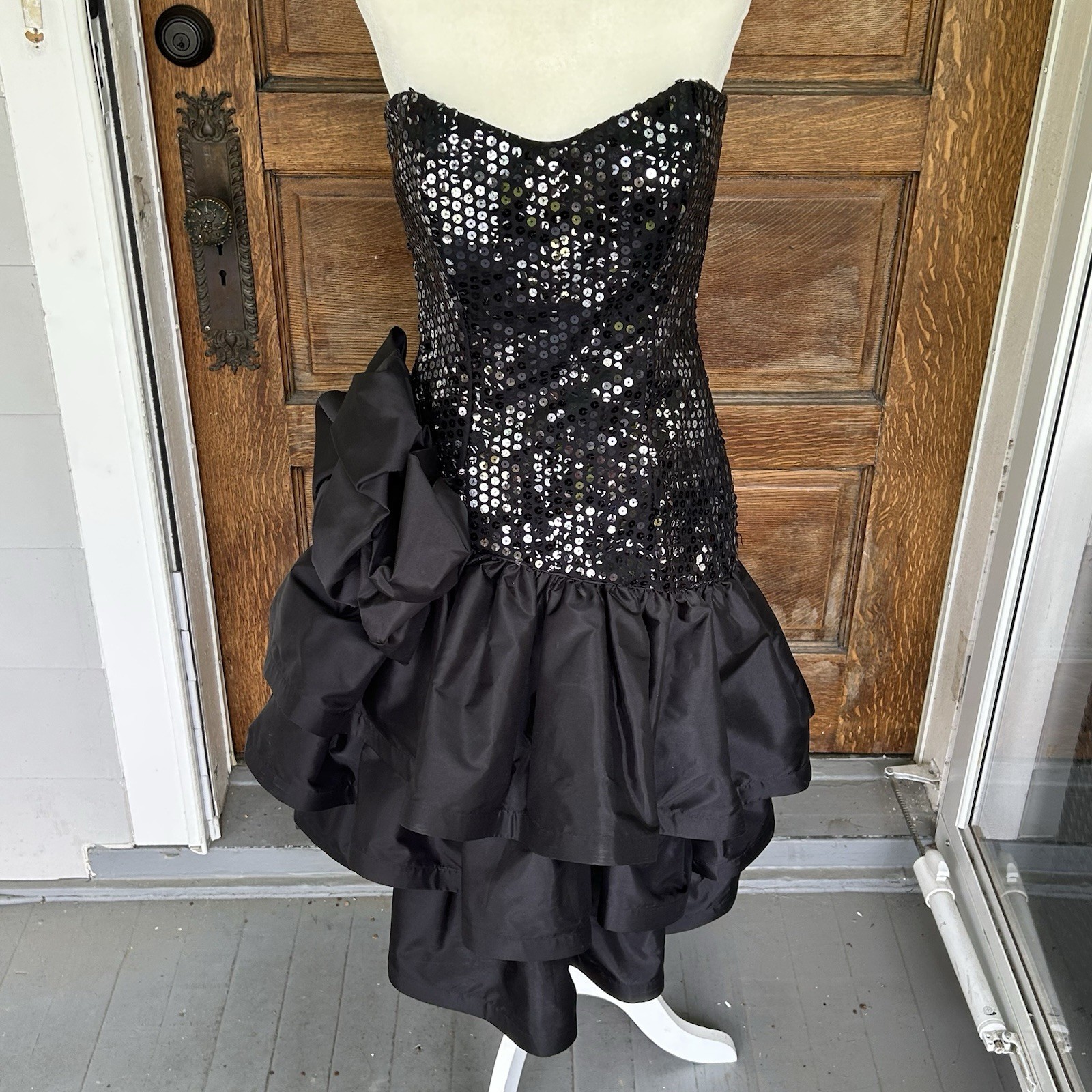 Vintage 80s Black Taffeta Sequins Cocktail Prom Dress ILGWU Made In USA Sz Small