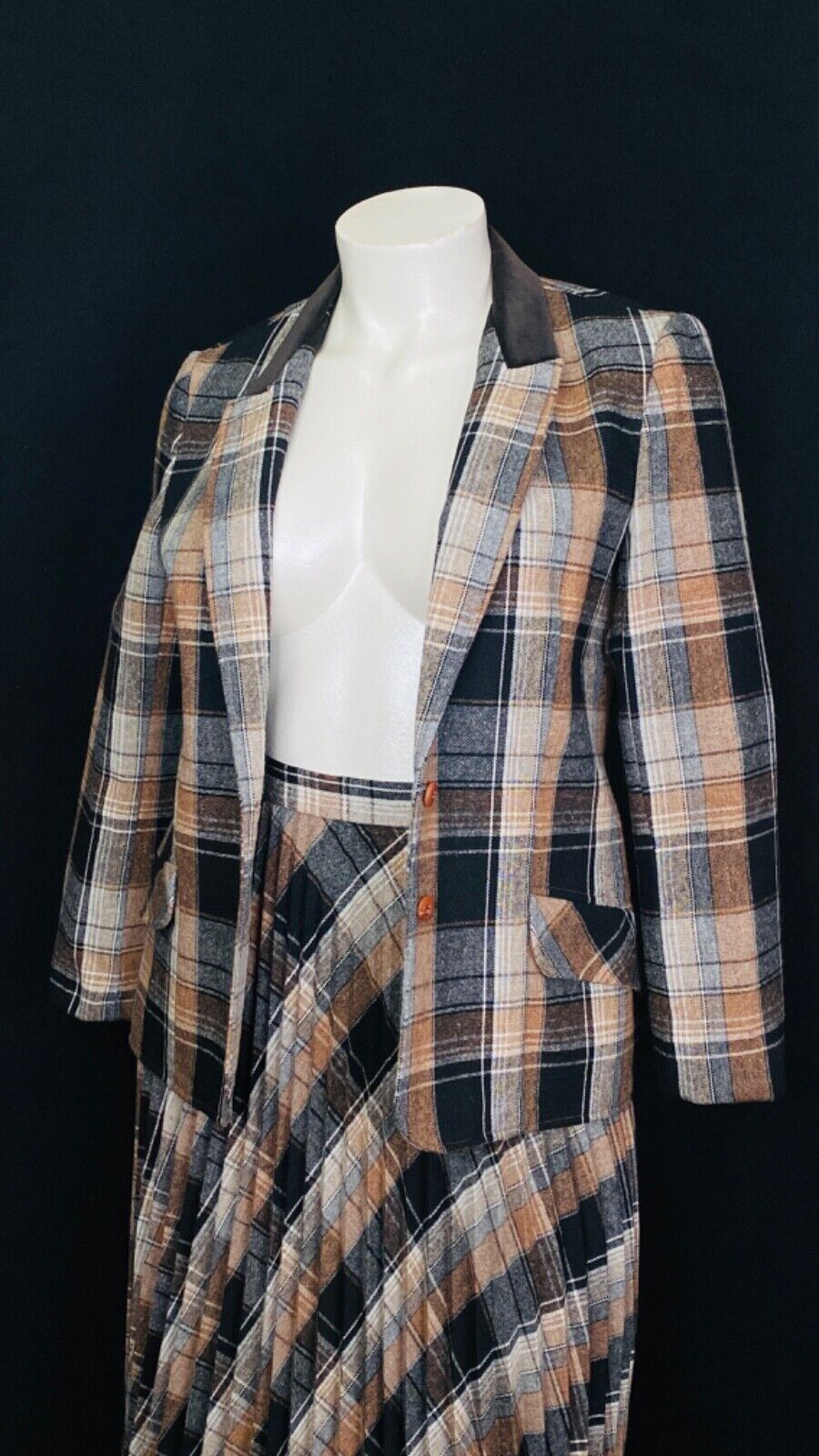 Vintage brown black wool plaid suit jacket blazer skirt set outfit XL plus size
