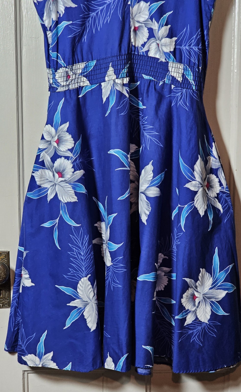 VGT 90s Banana Bay Dress Size M Blue Cotton Tropical Floral Hawaiian Hibiscus