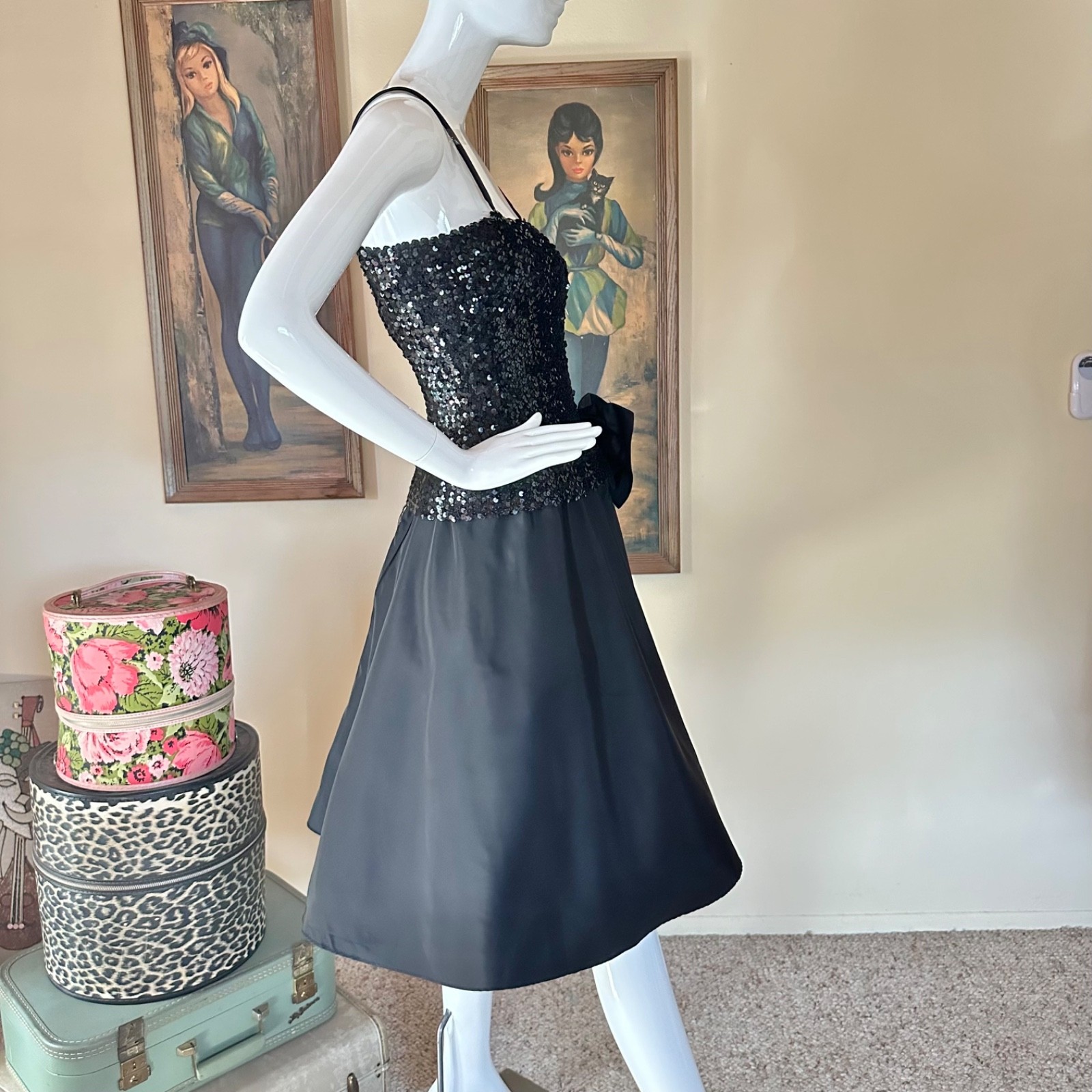 Vintage 1980s Goth Black Sequin Taffeta Party Prom Dress Fit Flare 50s Style M/L