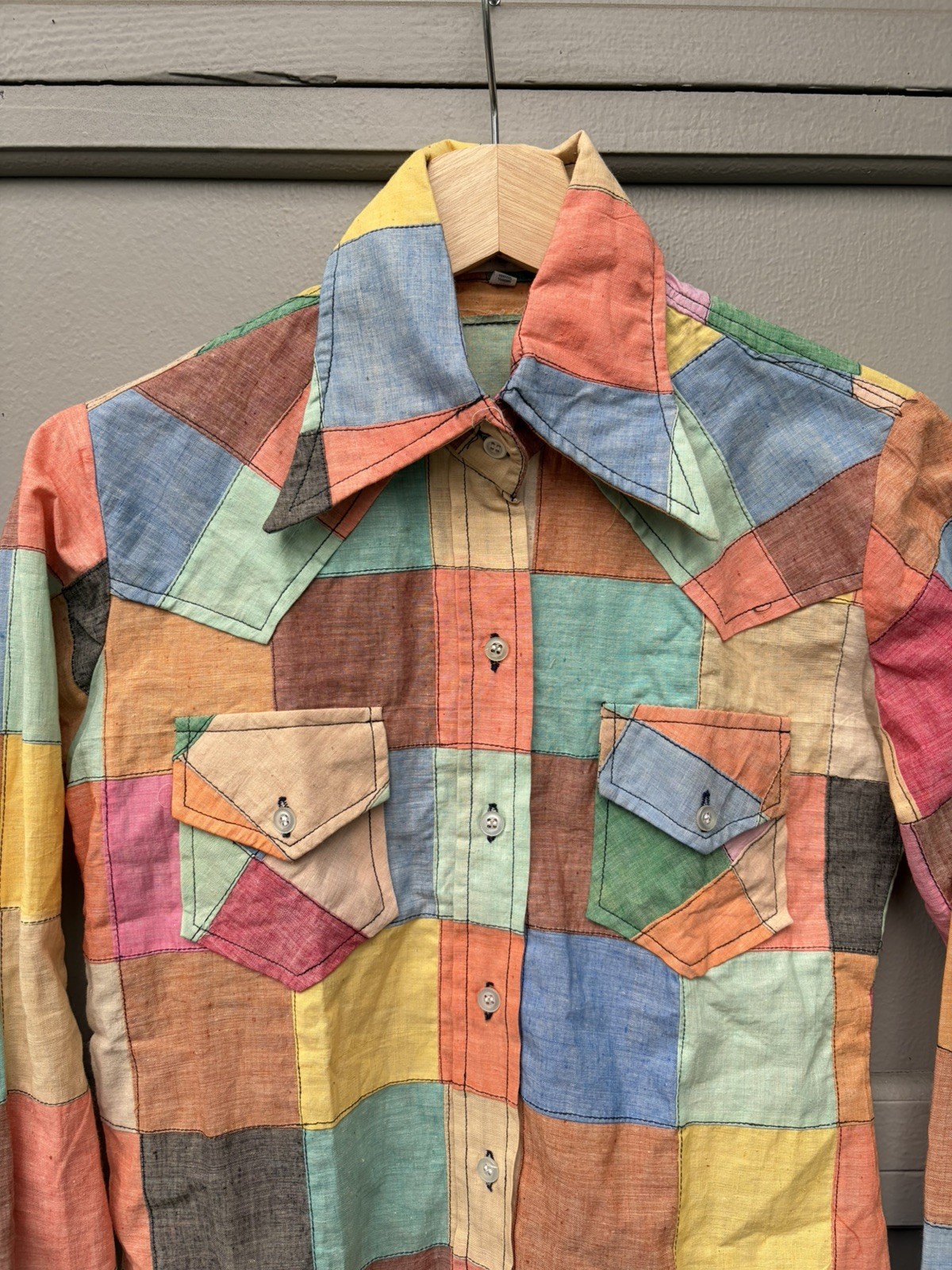Vintage 70s Glam Rock Patchwork Shirt Hippie Bohemian Colorful Cotton M