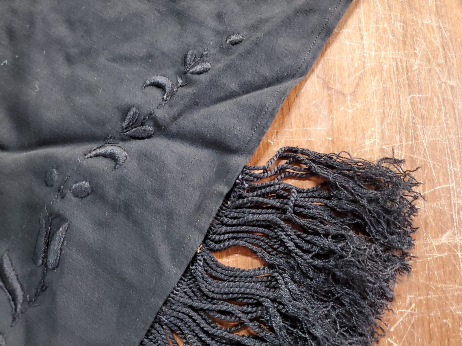 Antique Victorian Mourning Shawl Cape, Embroidered Black with Fringe, Lined