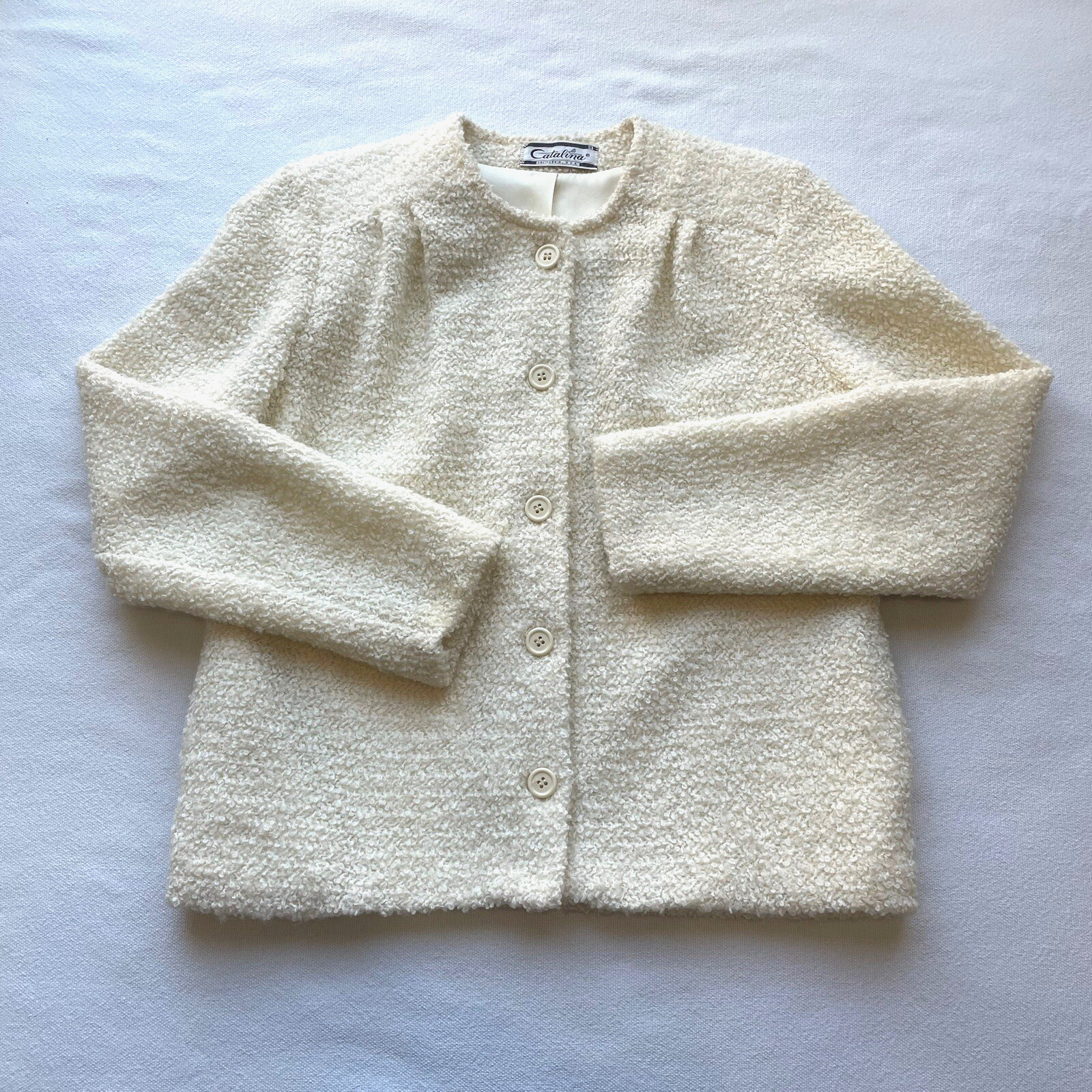 Vintage 1960&rsquo;s Catalina Sweater Women Size 8 White Boucle Button Up California