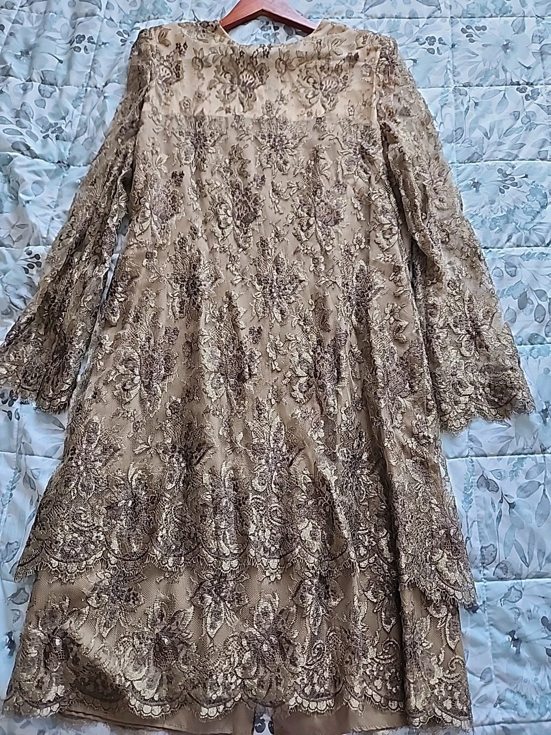 Vintage Nude LaceFloral Sheer Overlay Long Sleeve Dress Evening Gown Chest 40&Prime;
