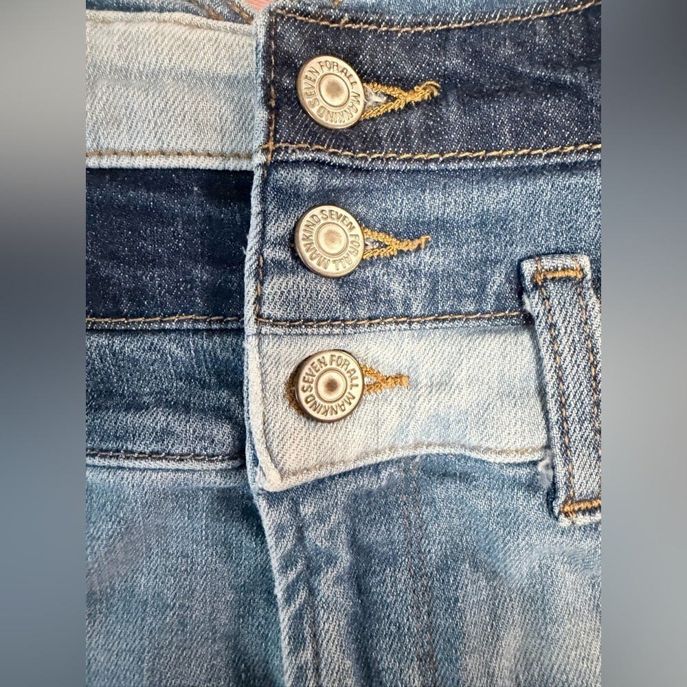 7 For All Mankind Y2K Patchwork Denim Mini Skirt High Rise V Front Corset Sz 24
