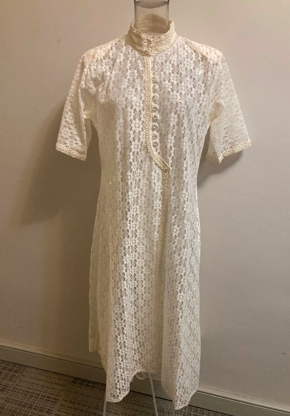 Vtg 80s Lace Kurti Tunic India Bridal B 36 Hip 40 Nehru Collar Deep Side Slit EC