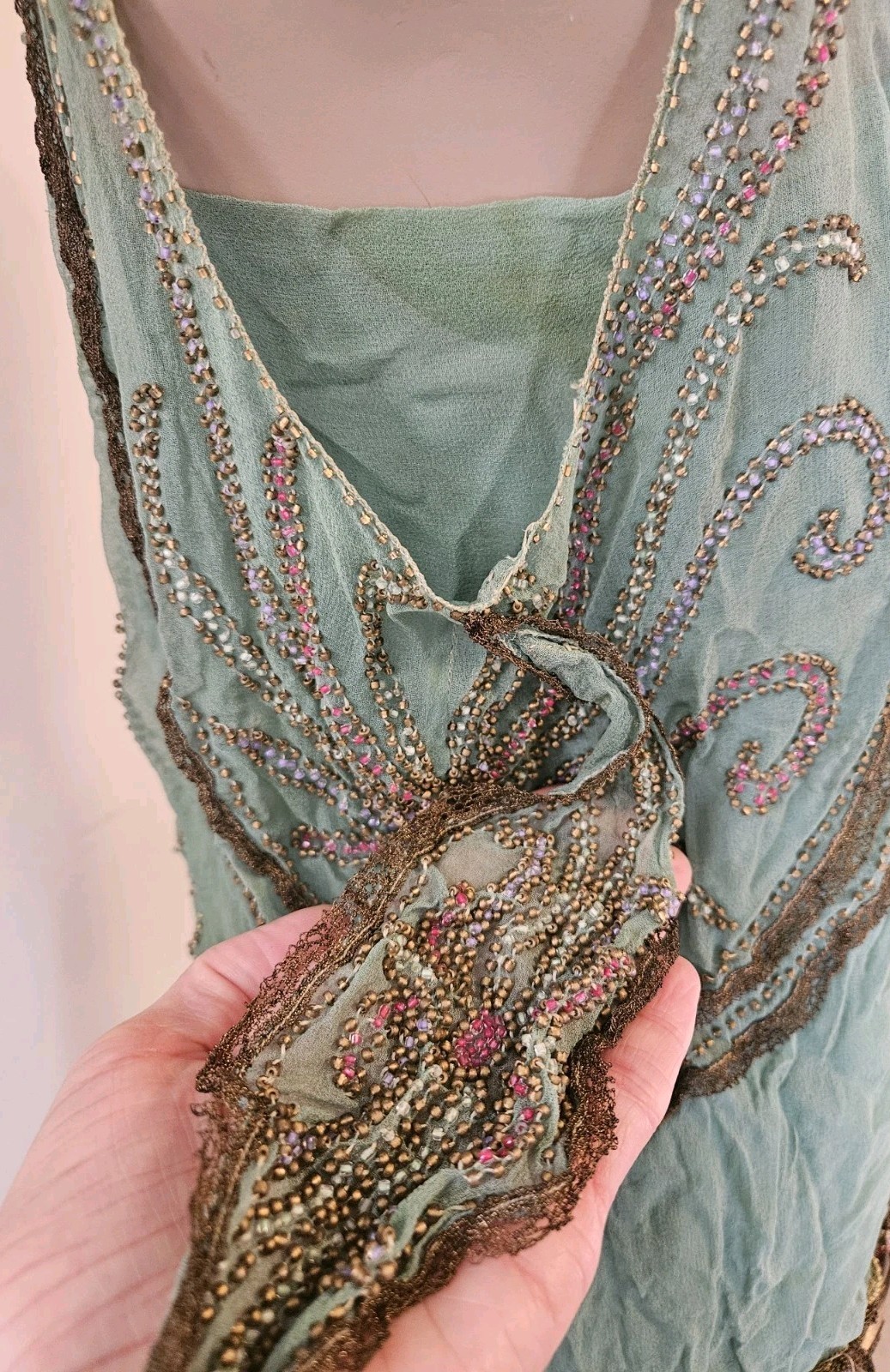 Antique 1920s French Beaded Flapper Dress Gold Lace Vintage Art Deco Bust 36