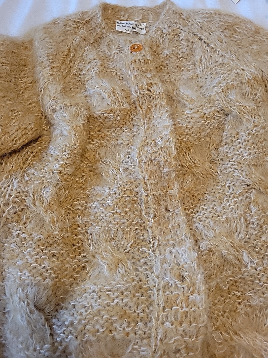 SWEATER- HANDMADE in ITALY. Shades Of Wheat Gold Yarn, Gold Acrylic Buttons,