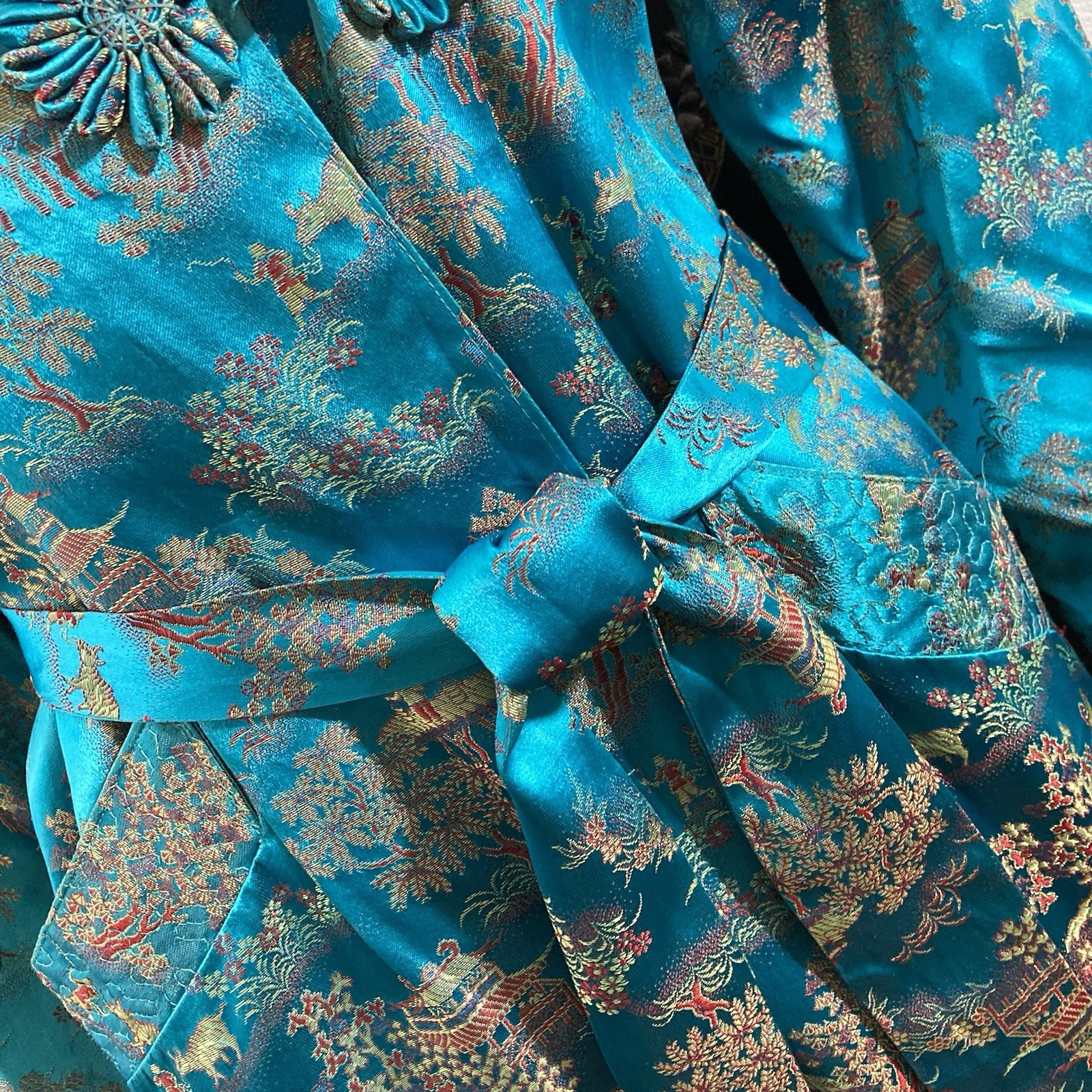 Vintage Blue Brocade Asian Robe, M. M. Comfort Wear, Made In Hong Kong