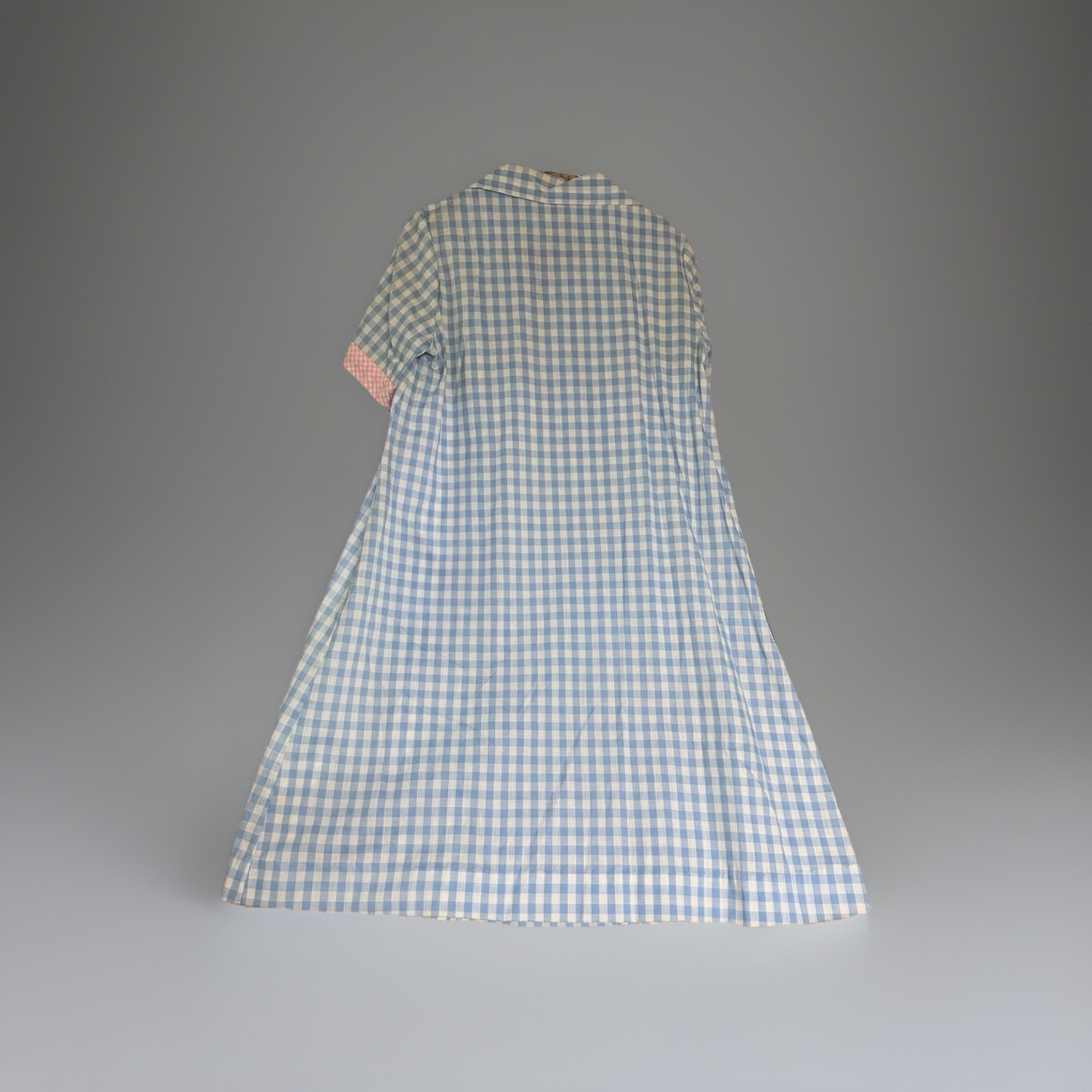 VTG 70s Gingham House Dress Duster Blue Pink Star Zipper Lace Trim Pockets Sz L