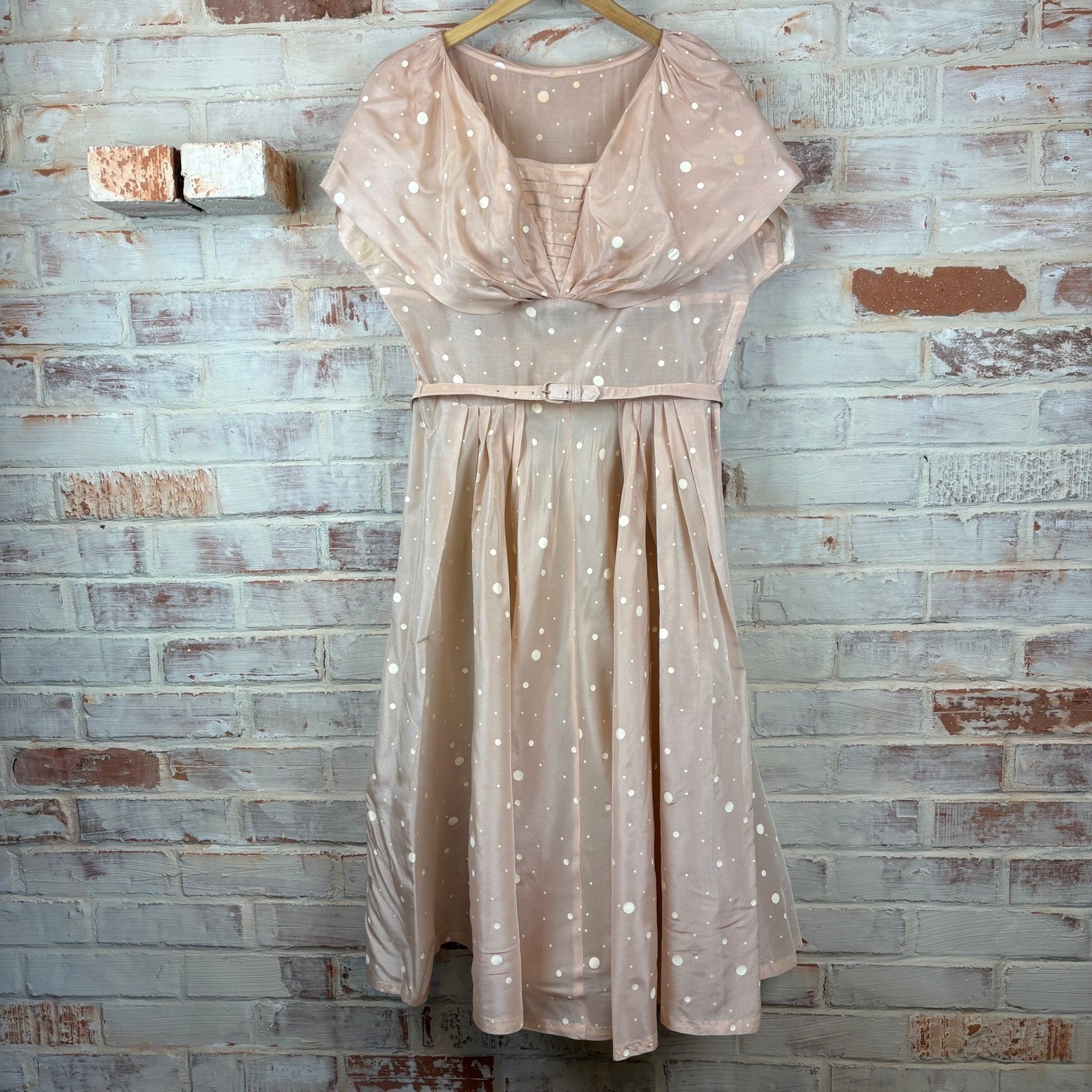 Vintage 1950s Pink Polka Dot Party Dress Capelet Belted Sweet Tea Party XS S