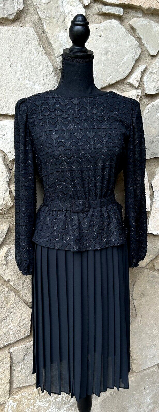 Vintage MARINETTE Black Pleated Dress Size 6 Metallic Accents Belted Long Sleeve