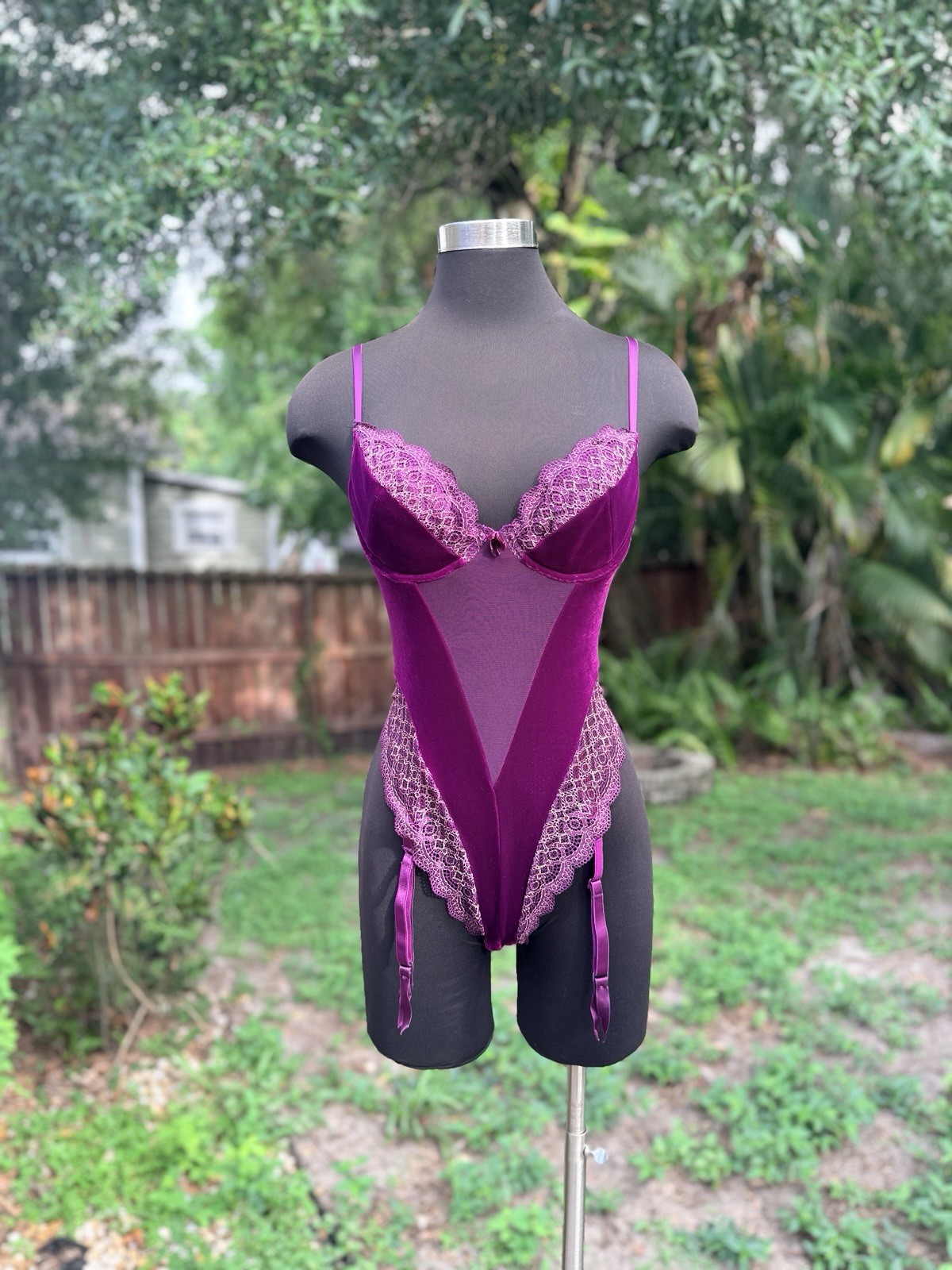 Vintage 90s 1998 Victoria’s Secret Purple Velvet Lace Lingerie Bodysuit