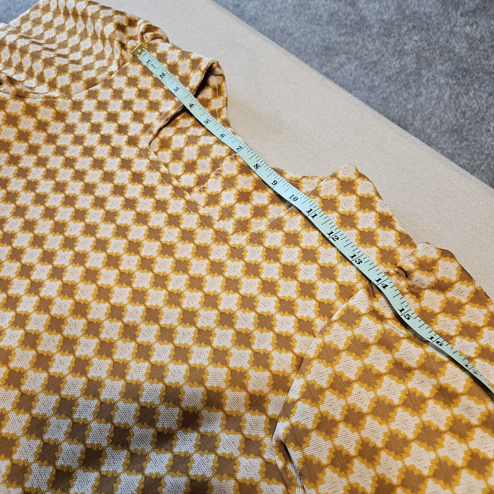 Handmade 70s Dress Polyester Yellow Brown Size L EUC