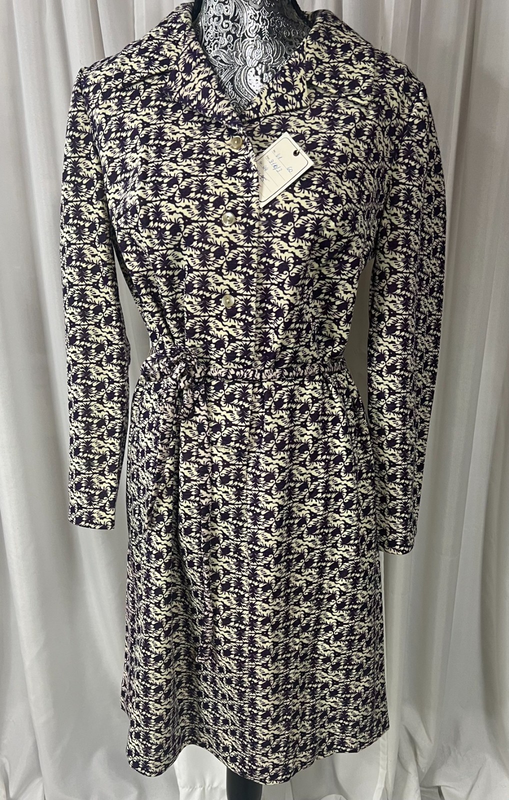 Dacron 70s 80s Polyester Shirtdress Midi Long Sleeve Patterned EU 44 L