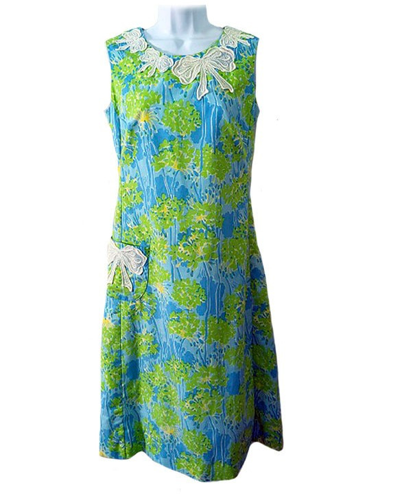 The Lilly VTG 70s Lilly Pulitzer Sleeveless Aqua Blue Lime Green Lace Bow Shift