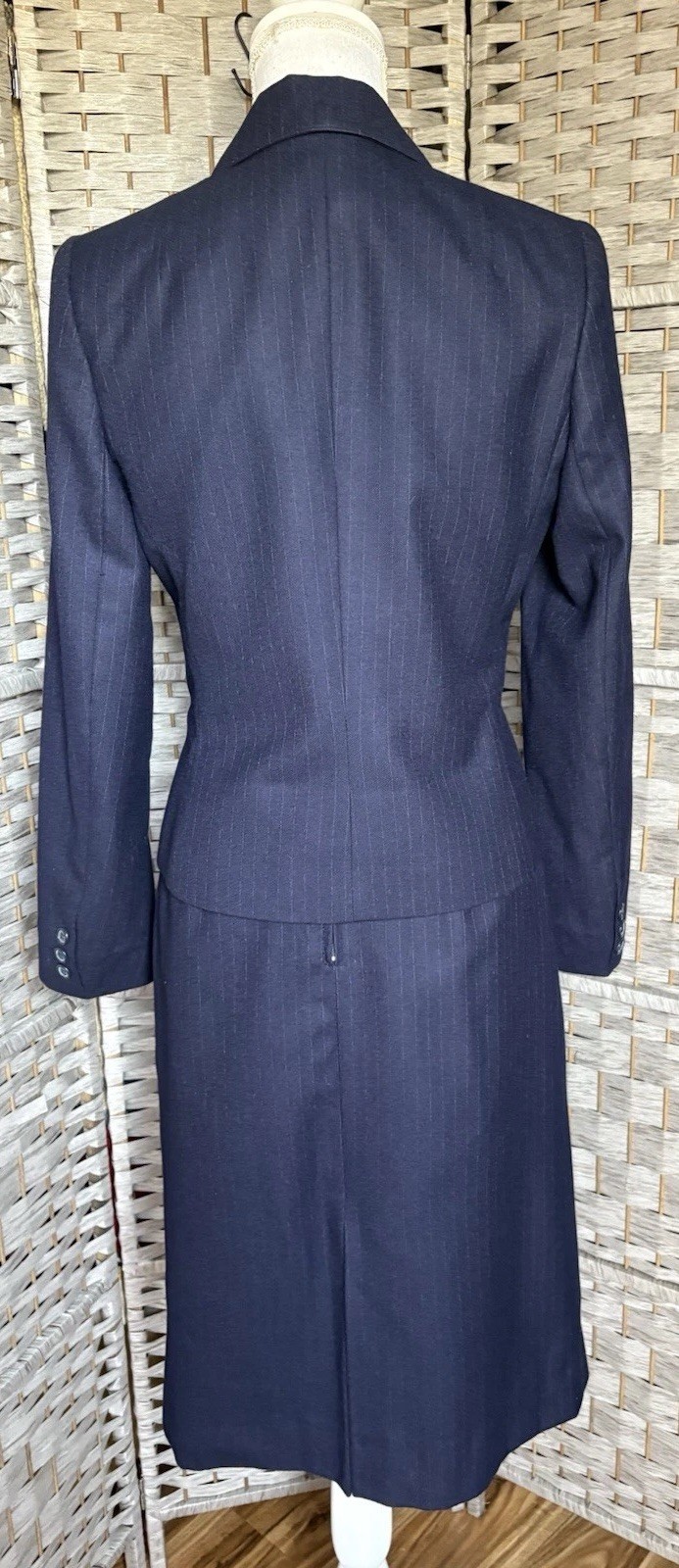 Vintage 1980s Cassidy Navy Pinstripe Mod Secretary Midi Skirt Suit Set Wool SZ 6