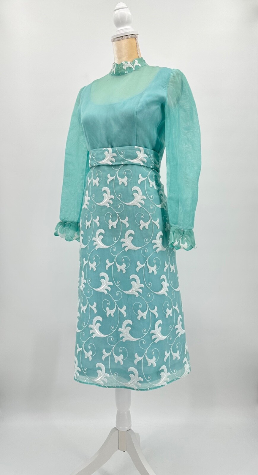 MCM Cocktail Pencil Dress Aqua Chiffon Embroidered Scallop Sheer Size 6
