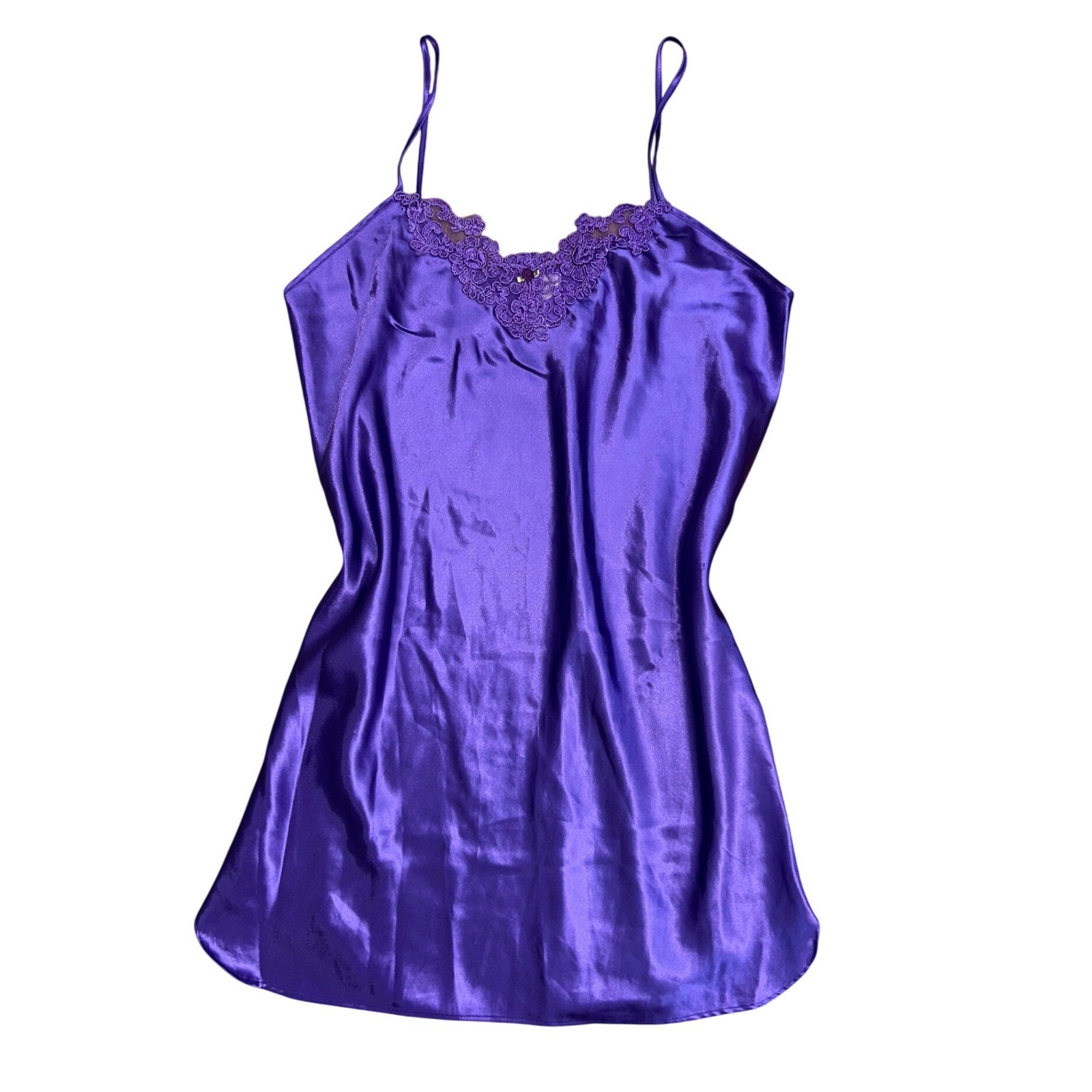 Vintage Purple Satin Lace Trim mini slip dress Chemise Nightgown Large sexy