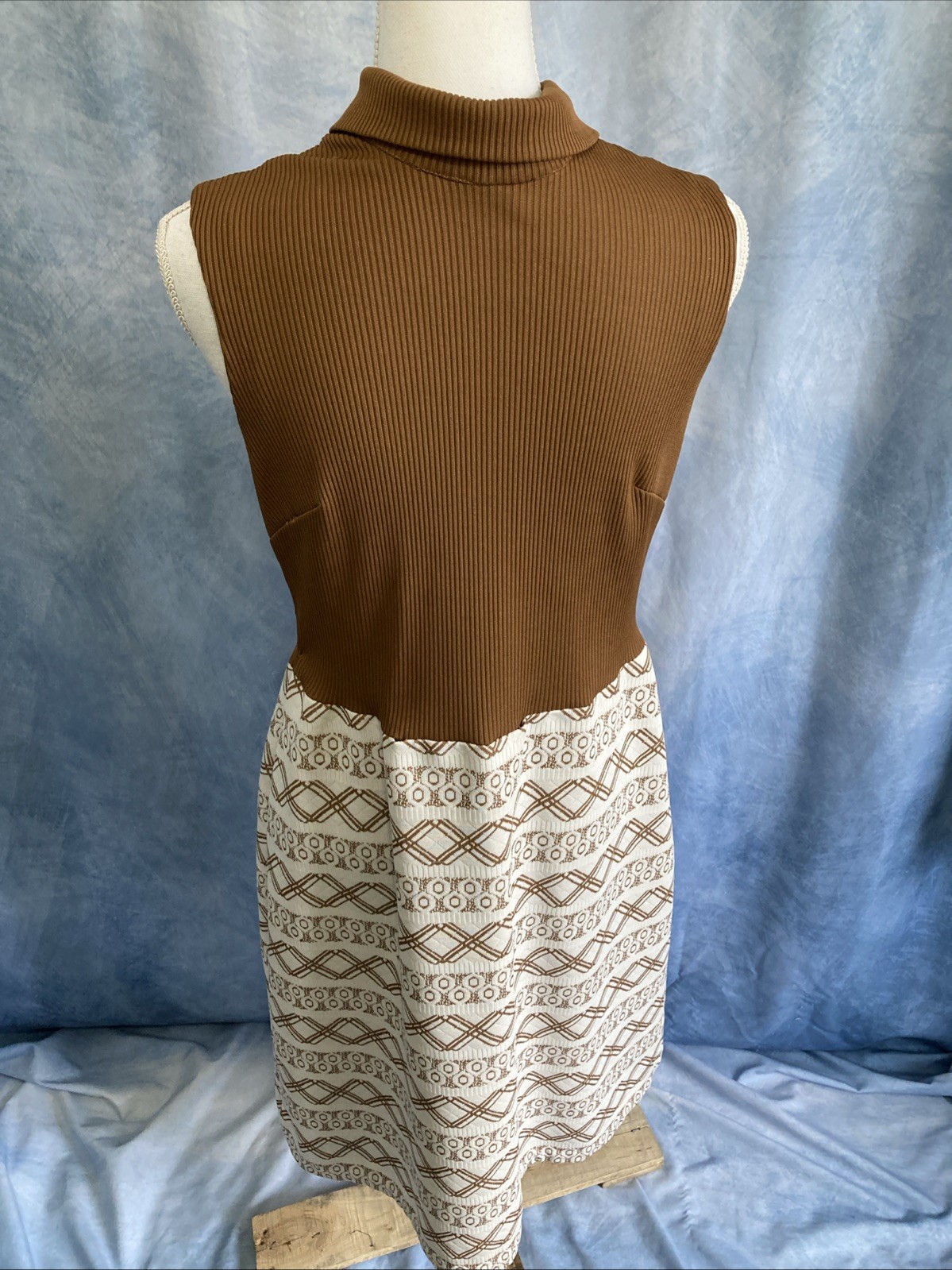 Vtg 70s Mod Geometric Dress & Jacket Set Brown Tan MCM Shift Suit Nemo Zip EUC
