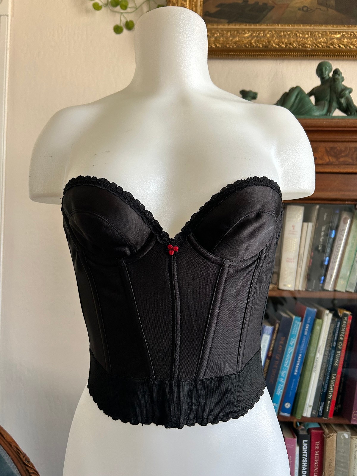 Vintage 1970s Black Strapless Bustier Boned Corset Top Pinup Lingerie 32A XS/S