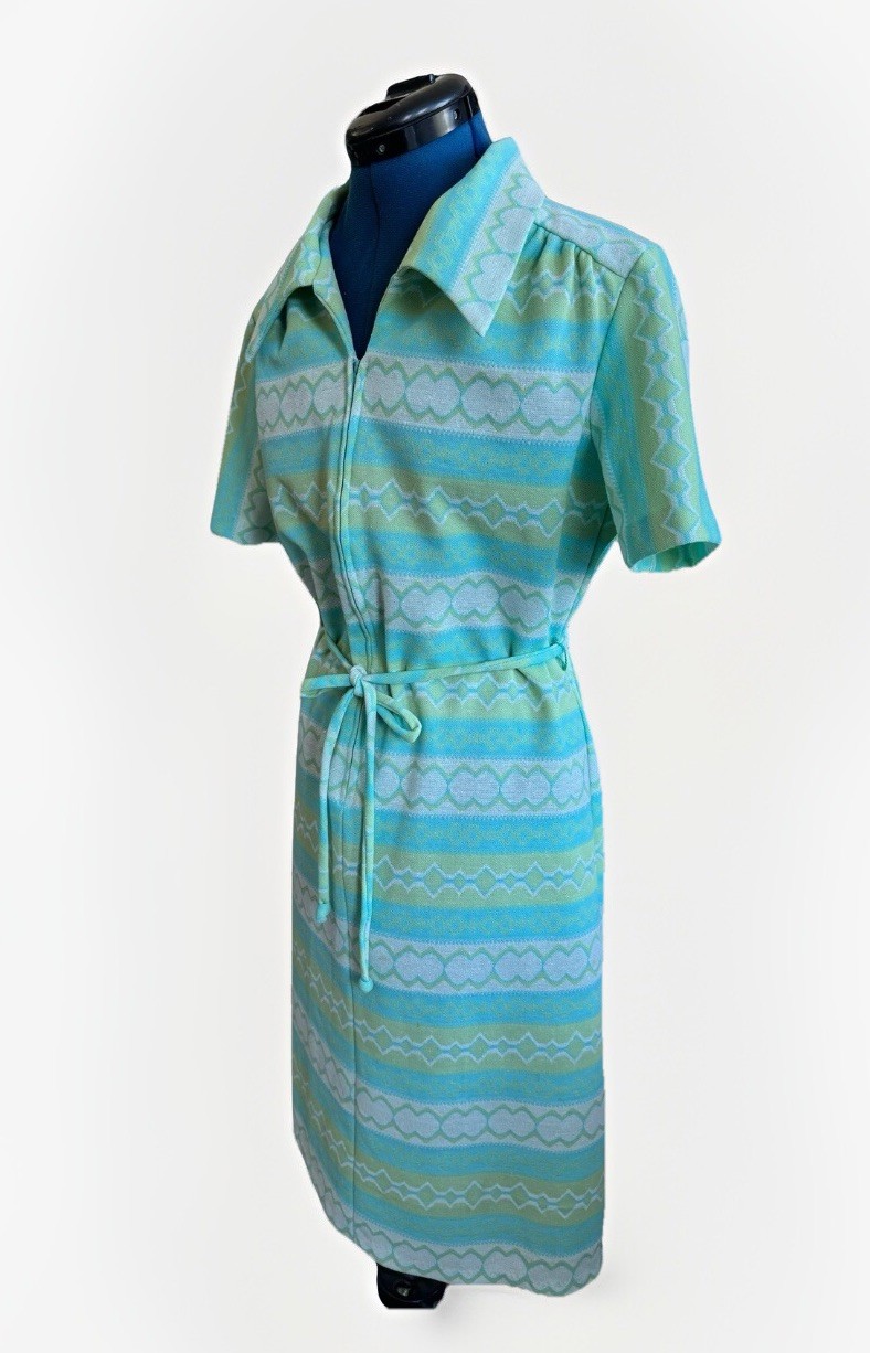 Vintage 70s Mod Shirt Dress Blue Green Stripe Belt Zip Knit Retro Diner Granny