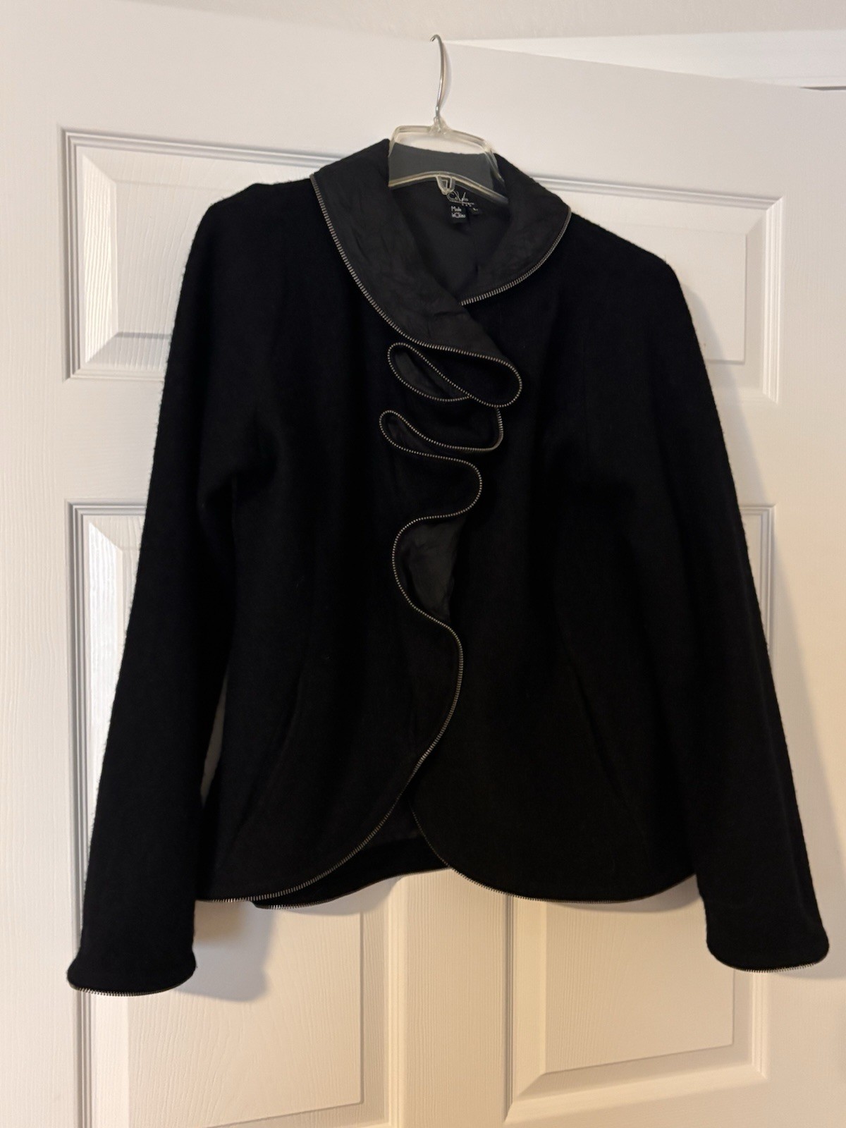VTG CoVelo Black Ruffle Zip Front Jacket Coat Y2K Avant Garde Art To Wear Size L