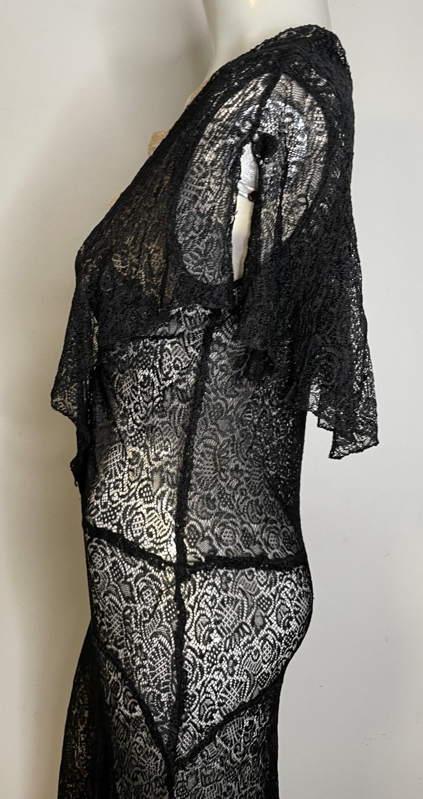 Antique 20s 30s Black Lace Art Deco Dress S M 3-in-1 Sleeveless Midi Fitted