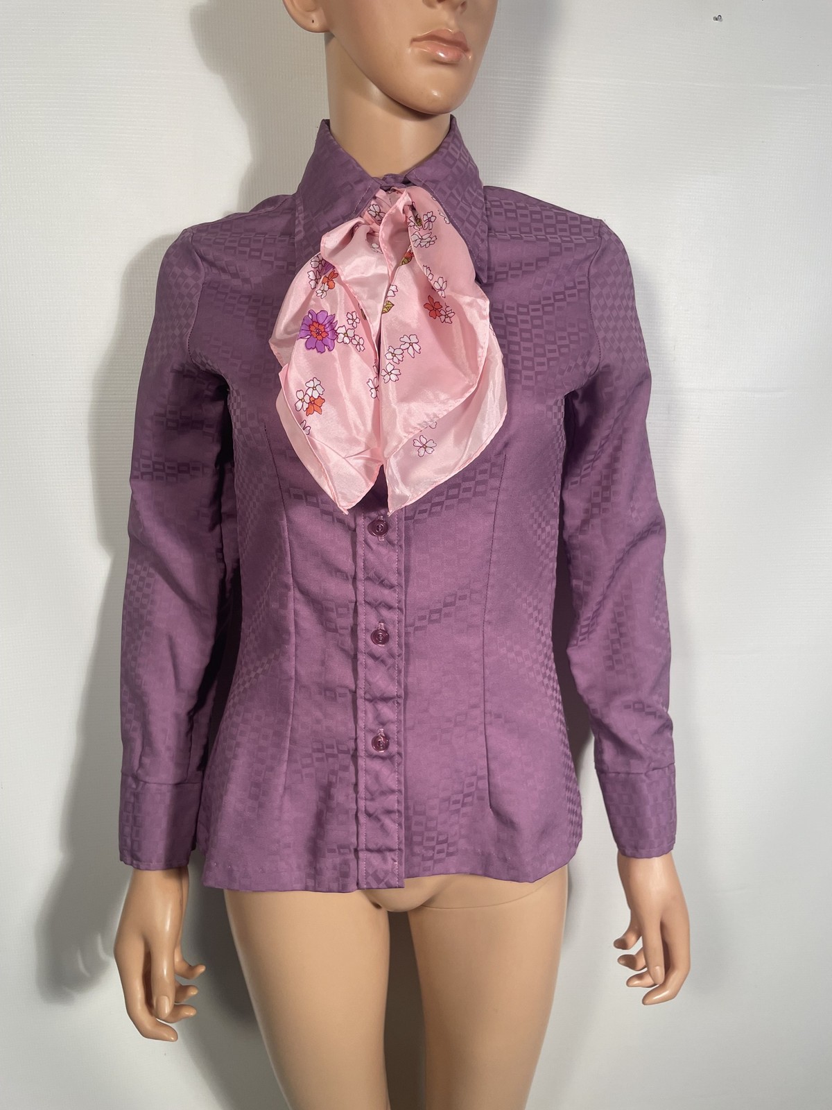 Vitg 70s Dagger Collar Damask Weave Geometric Print Tailored Purple Blouse Sz S