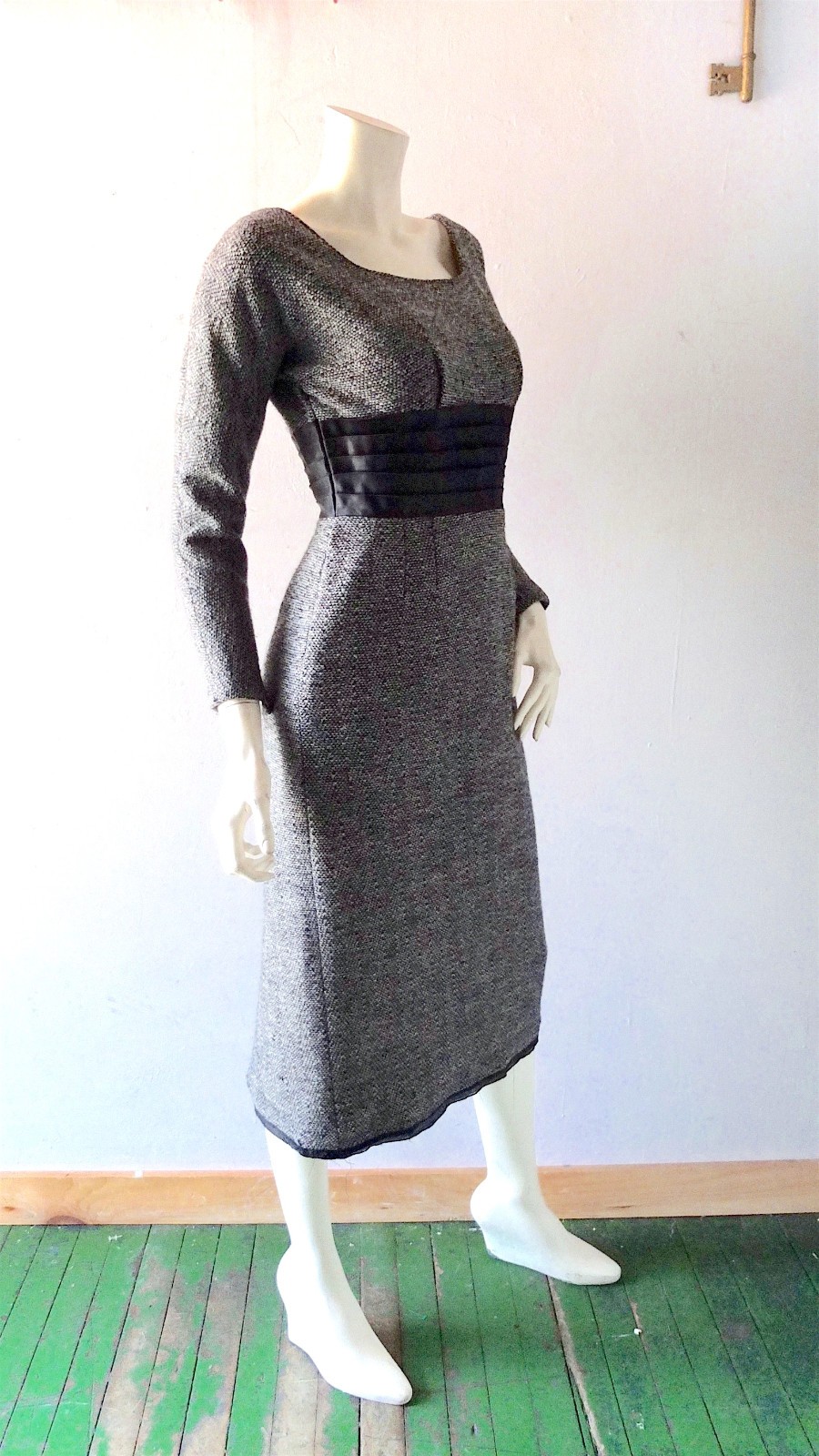 1950s Phyllis De Trano for Georgette Snowstorm Tweed Wiggle Dress Joan Mad Men