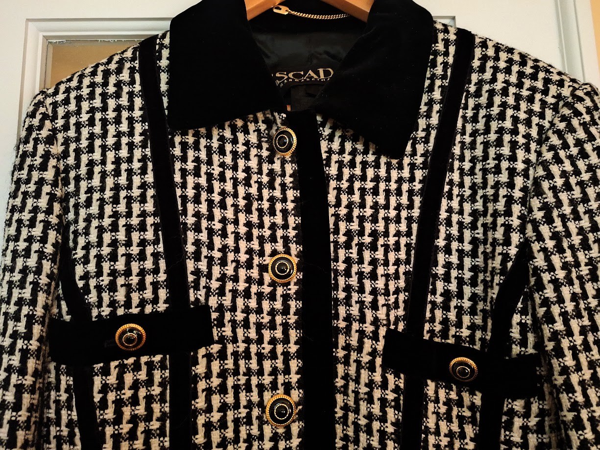 ESCADA by Margaretha Ley Houndstooth Blazer Jacket Tweed Velvet Size 40