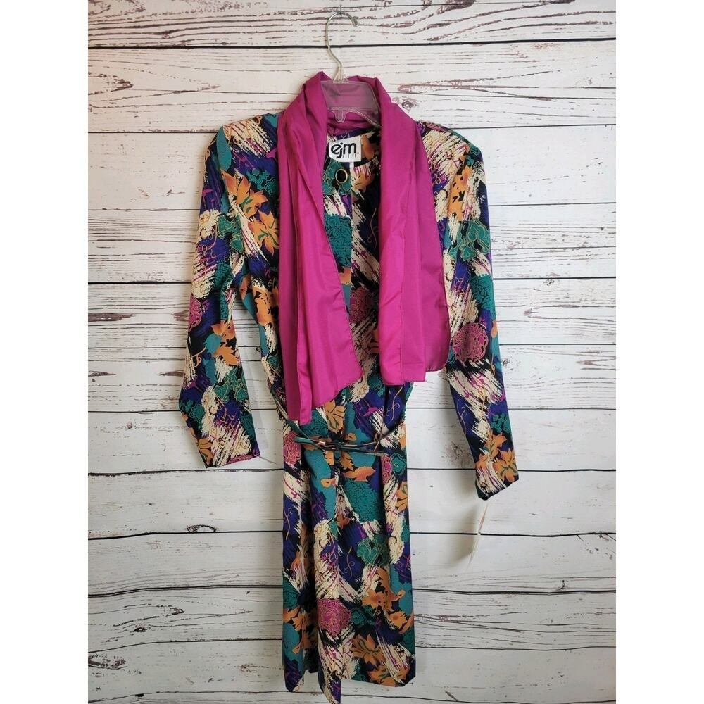 NWT VTG EJM Bold Green Blue Abstract Belted Dress with Scarf Women&rsquo;s Size 6P