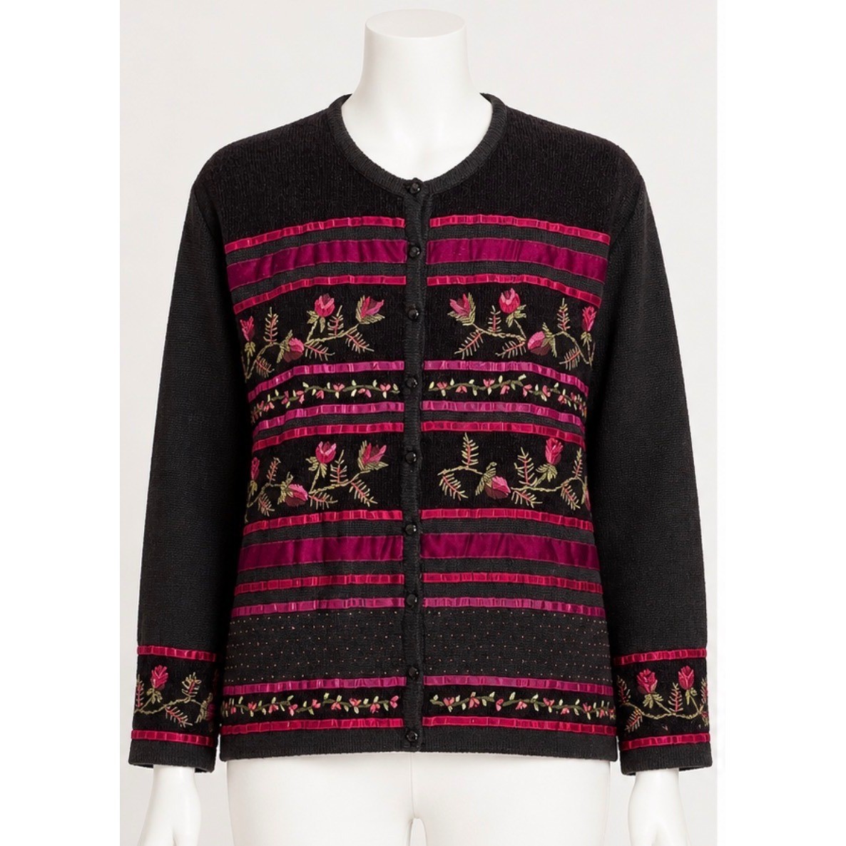 Susan Bristol Cardigan Womens XL Black Pink Vintage Embroidered Velvet Beaded