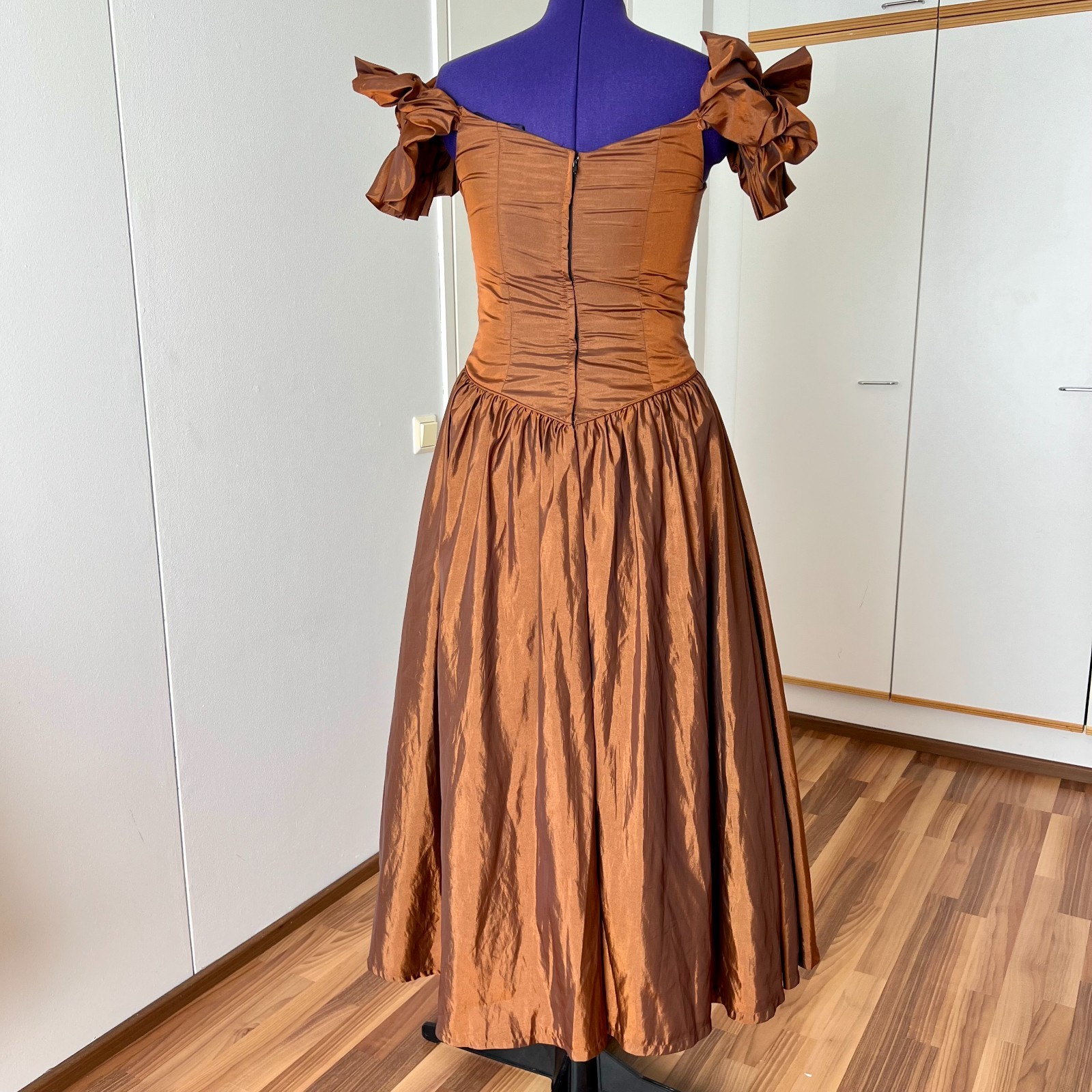 1980s JOHN CHARLES Taffeta Off Shoulder Cocktail Party Dress Basque Waist Prom