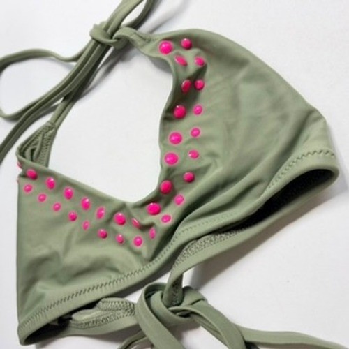 Aerie Voop Bikini Top Medium Olive Pink Stud Halter Swim NWOT