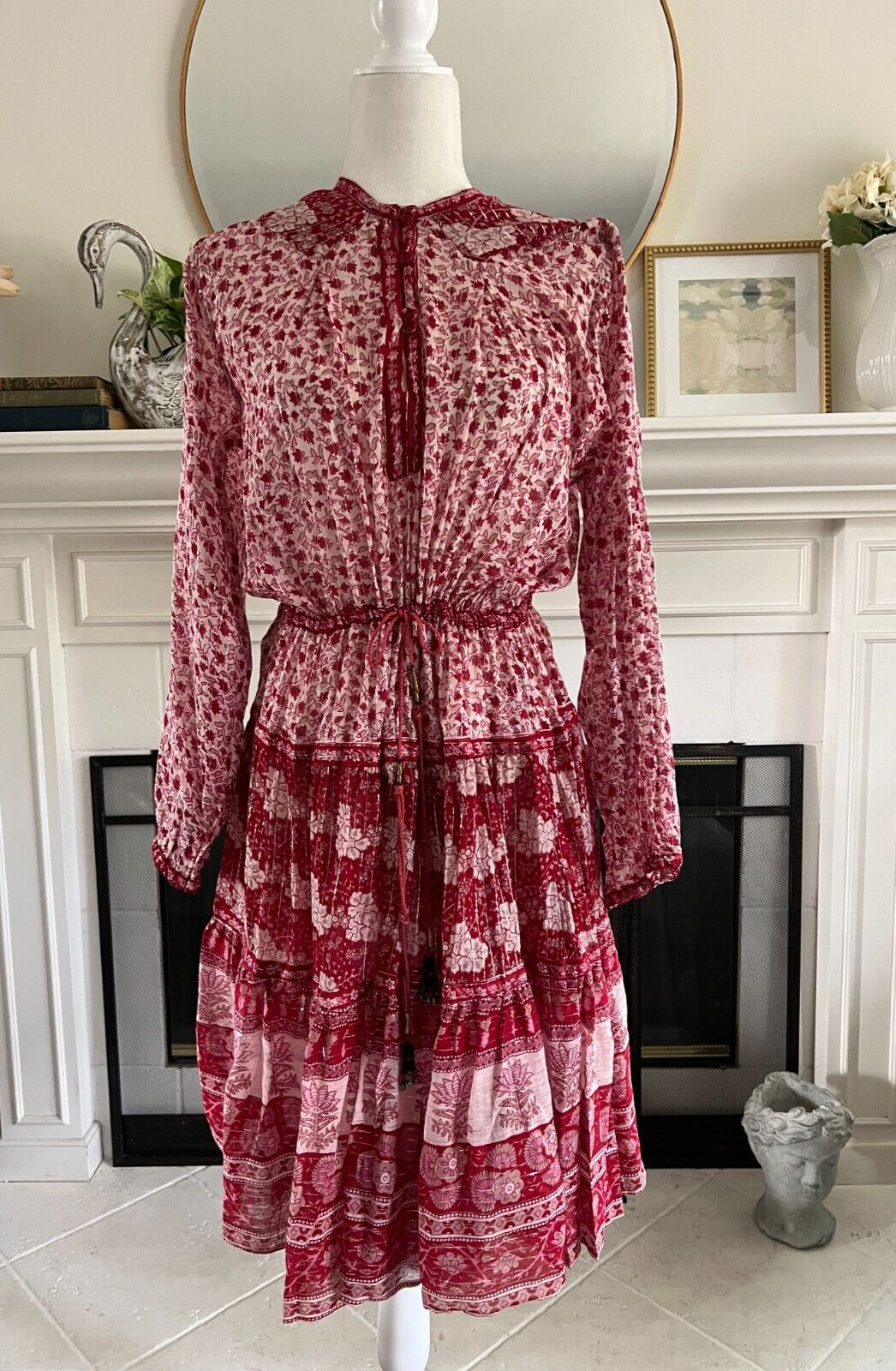 Vintage OH CALCUTTA India Cotton Gauze Hippie Dress Sz M~Red w Silver Thread