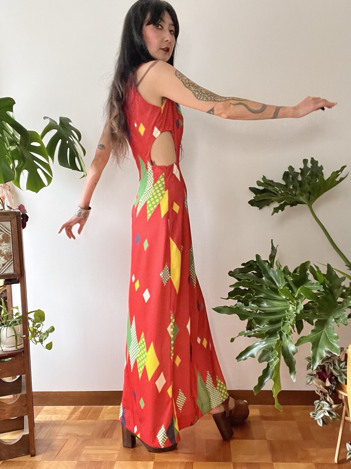 VTG 60s 70s Mod Geometric Cutout Maxi Dress S/M Psych Kitsy Boho Side Slit
