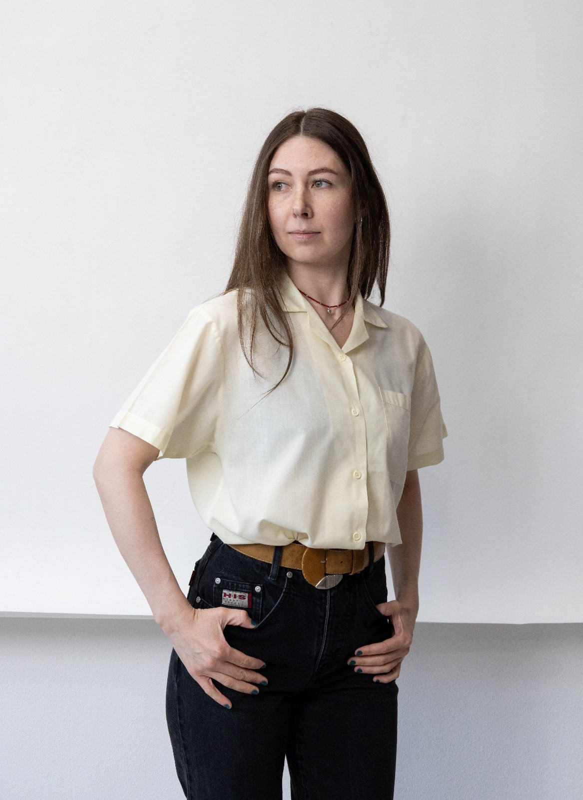 Vintage 80s Butter Yellow Camp Collar Shirt Women&rsquo;s M Short Sleeve Boxy 1980s