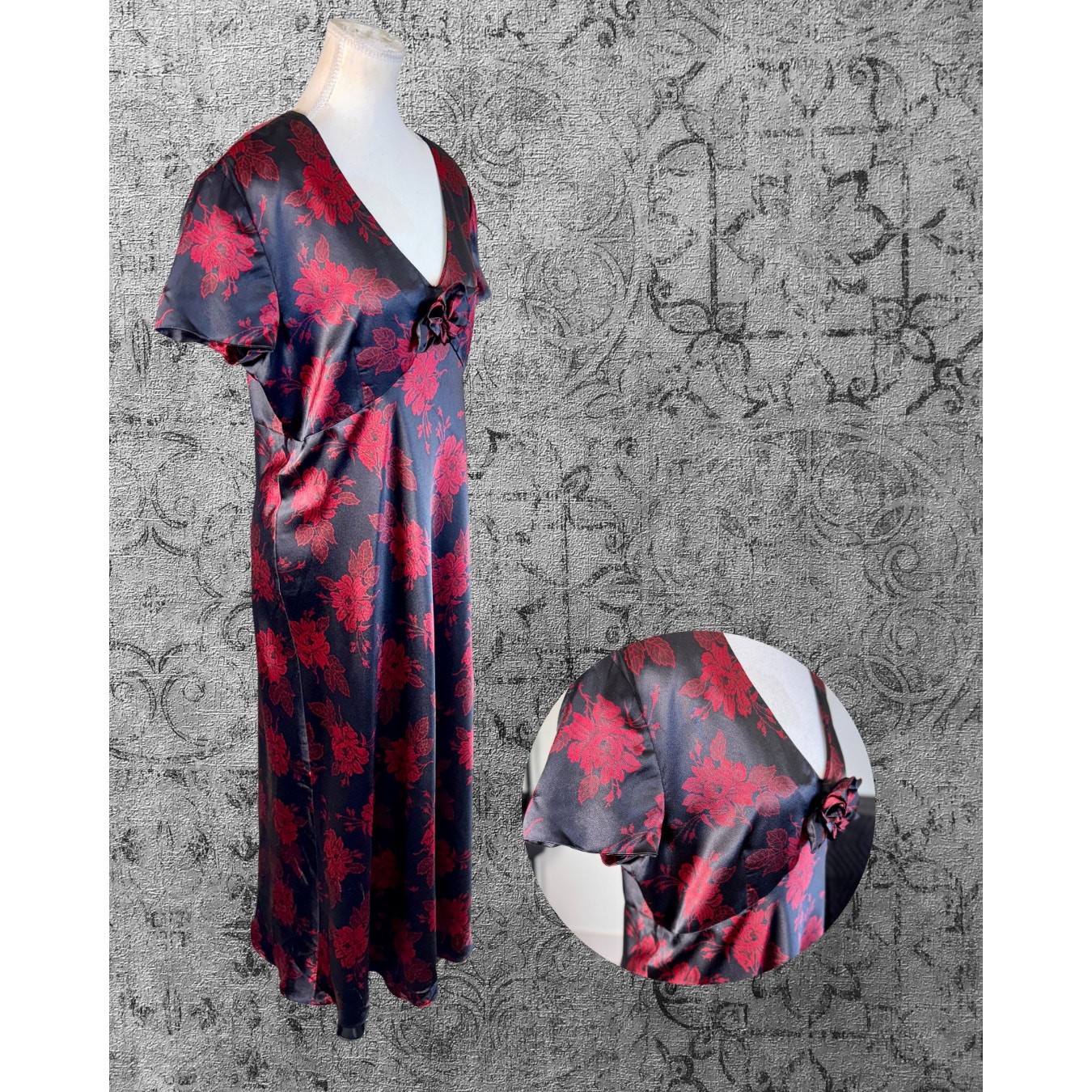 Vintage Y2K Adrianna Papell Satin Black Red Rose Brocade Drop Waist Dress 14