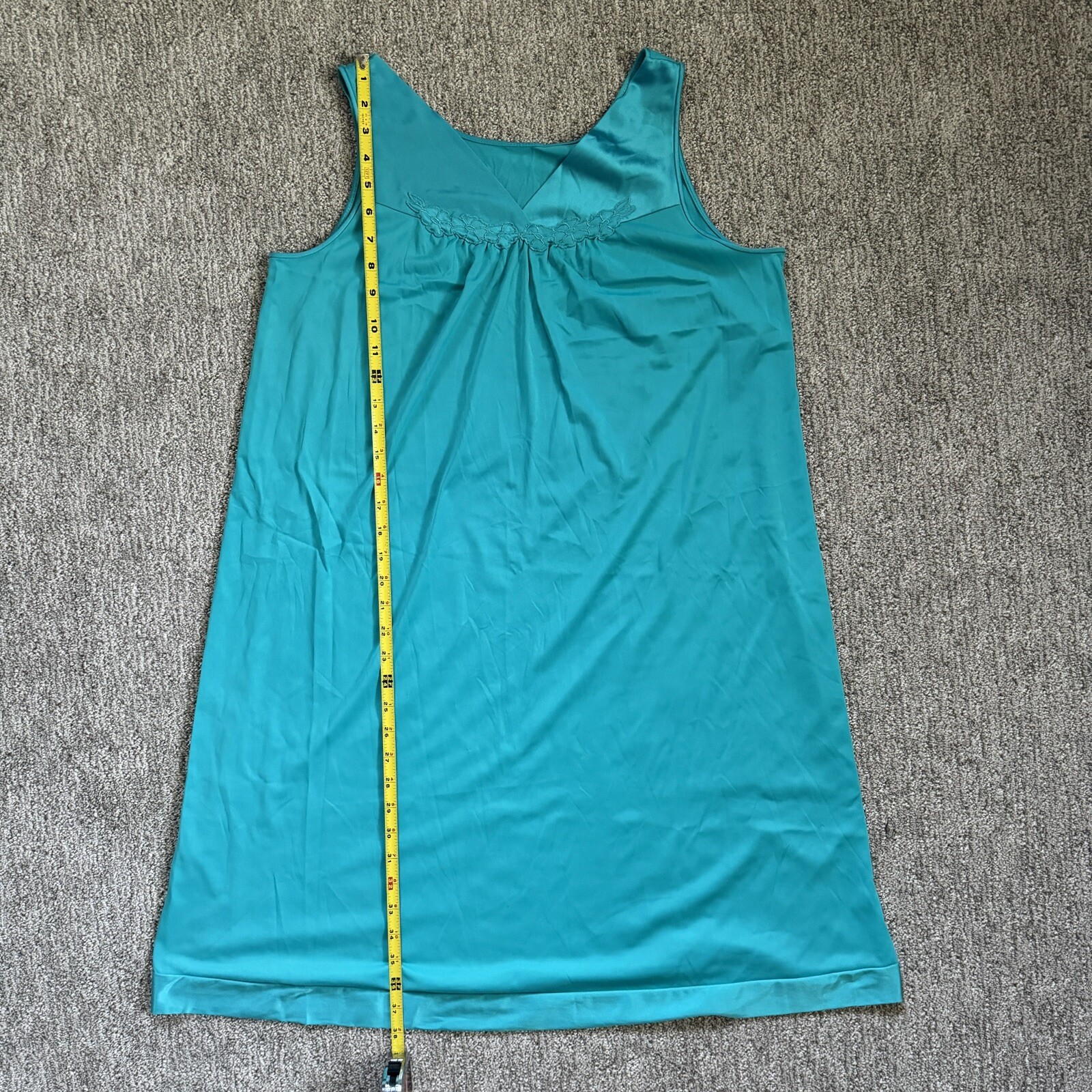 Vanity Fair Vintage Tank Top Nightgown Teal Green Mid Length Lace Satin USA Med