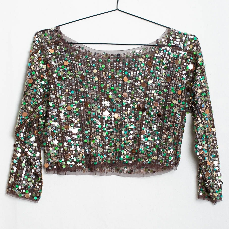 Vintage Sequin Crop Top Brown Mesh Green Silver Gold Scoop Neck Long Sleeve S/M