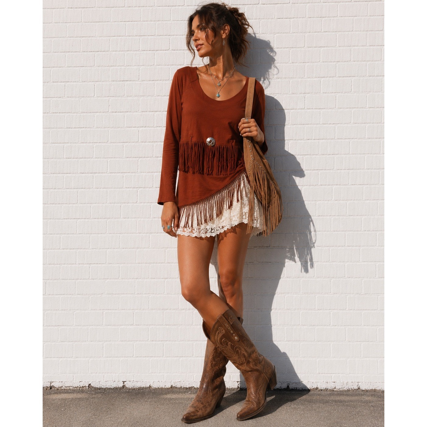 Vintage Western Fringe Tunic Top Rust Brown Boho Cowgirl Concho Size L