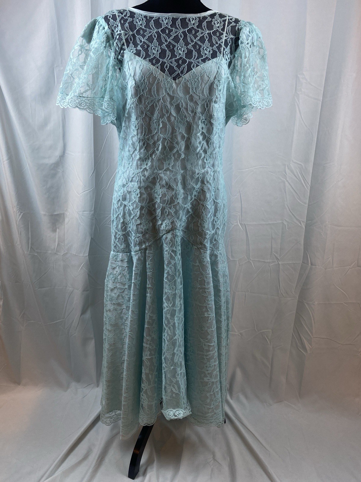 Vintage Made In USA Lace Lined Aqua Mist Long Formal Dress Women&rsquo;s Size 13/14