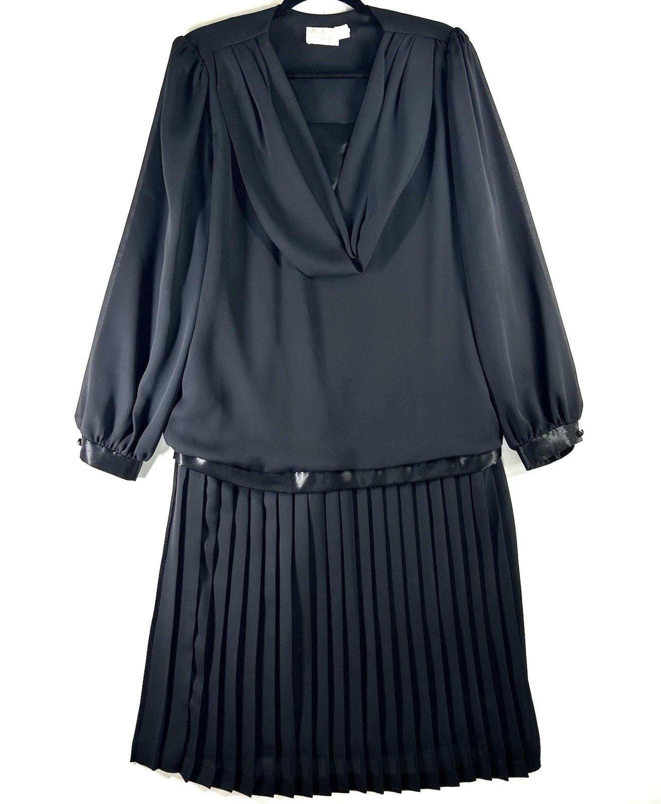 Lady Carol Sheer Drop Waist Dress Black Pleated Midi Vtg Retro 70s Secretary 14